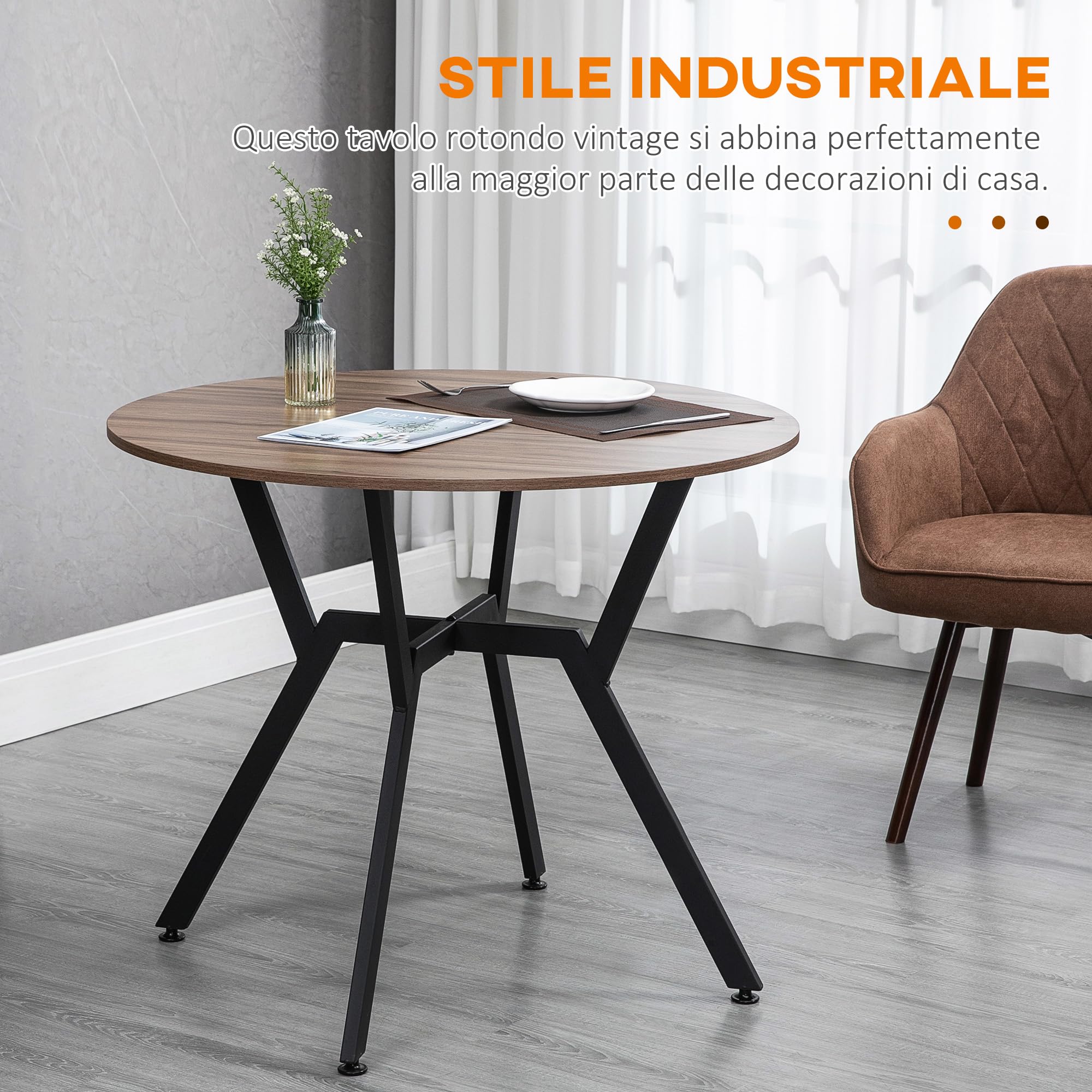 HOMCOM Tavolo Rotondo da Soggiorno per 2 Persone con Sostegno a X, Tavolo Moderno in Legno e Acciaio, Ø90x76 cm, Marrone