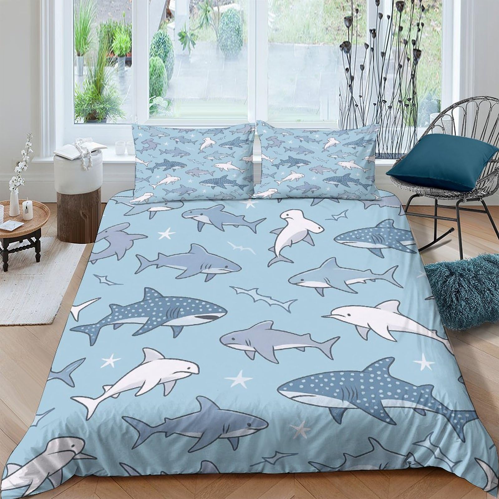 Ctjqhvkz Style-6 3D Printed Blue Shark Fitted Sheet Microfiber Soft Breathable Ocean Fish Mattress Cover For Bedroom Dorm Protection Decor Single（135X200cm）