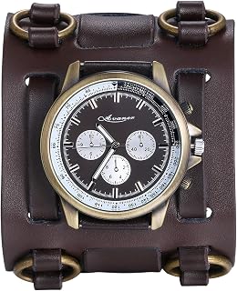 Mens Retro Steampunk Rock Black Wide Leather Bracelet Cuff Watches Big Face Round Dial Analog Quartz Sport Watch [Upgraded] Japanese Quartz Movement Watch (Brown-a)