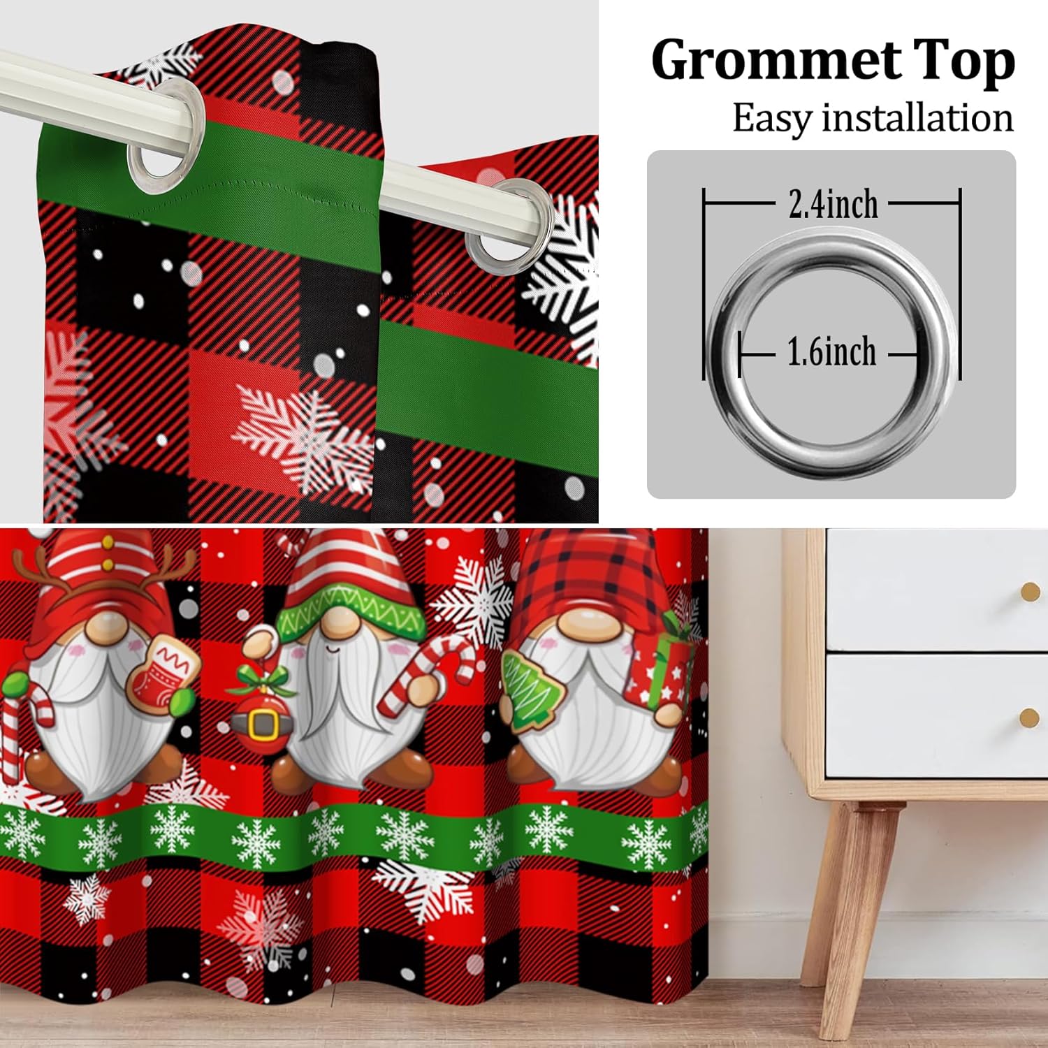 Cartoon Gnome Santa Claus Christmas Living Room Decor Curtains, Red and Black Plaid Snowflake for Kids Blackout Bedroom, Curtain Panel with Grommets,2 Panels,Each W42 xL63