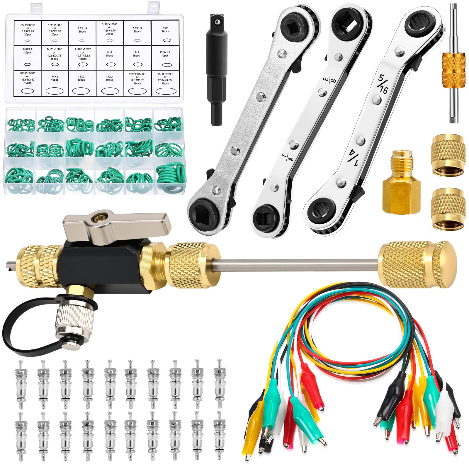 Tujoe Vacuum-Rated Valve Core Remover Installer Tool with Refrigeration Repair Wrench Set 3/8" 1/4" 5/16" 3/16" Service Ratchet Wrench Hex Bit Adapter Cord Alligator Clips Test Leads