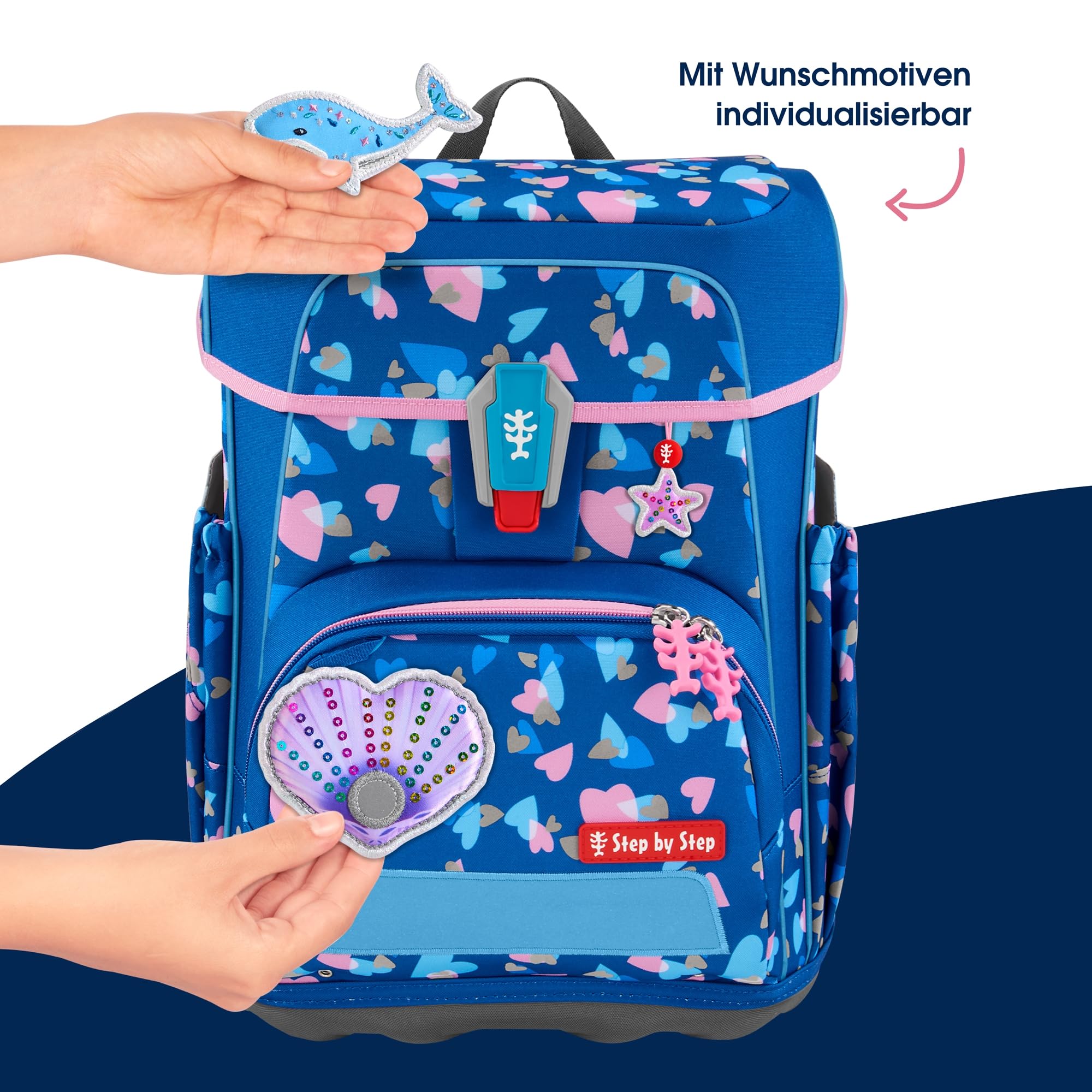 Step by Step Schulranzen-Set CLOUD REFLECT „Seashell Pearl“ 5-teilig, blau-rosa, Panther-Design, ergonomischer Tornister mit Reflektoren, höhenverstellbar mit Hüftgurt für Kinder ab der 1. Klasse, 19L