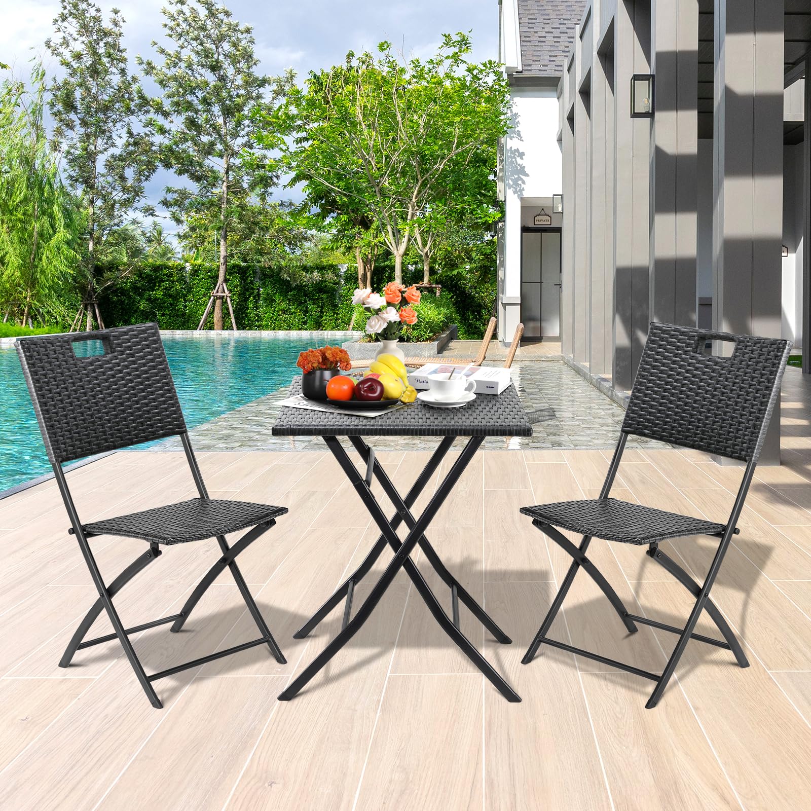 Ensemble de Meubles de Balcon 3 pièces Pliable en Rotin Gris, 2 Chaises et 1 Table, pour Terrasse et Jardin