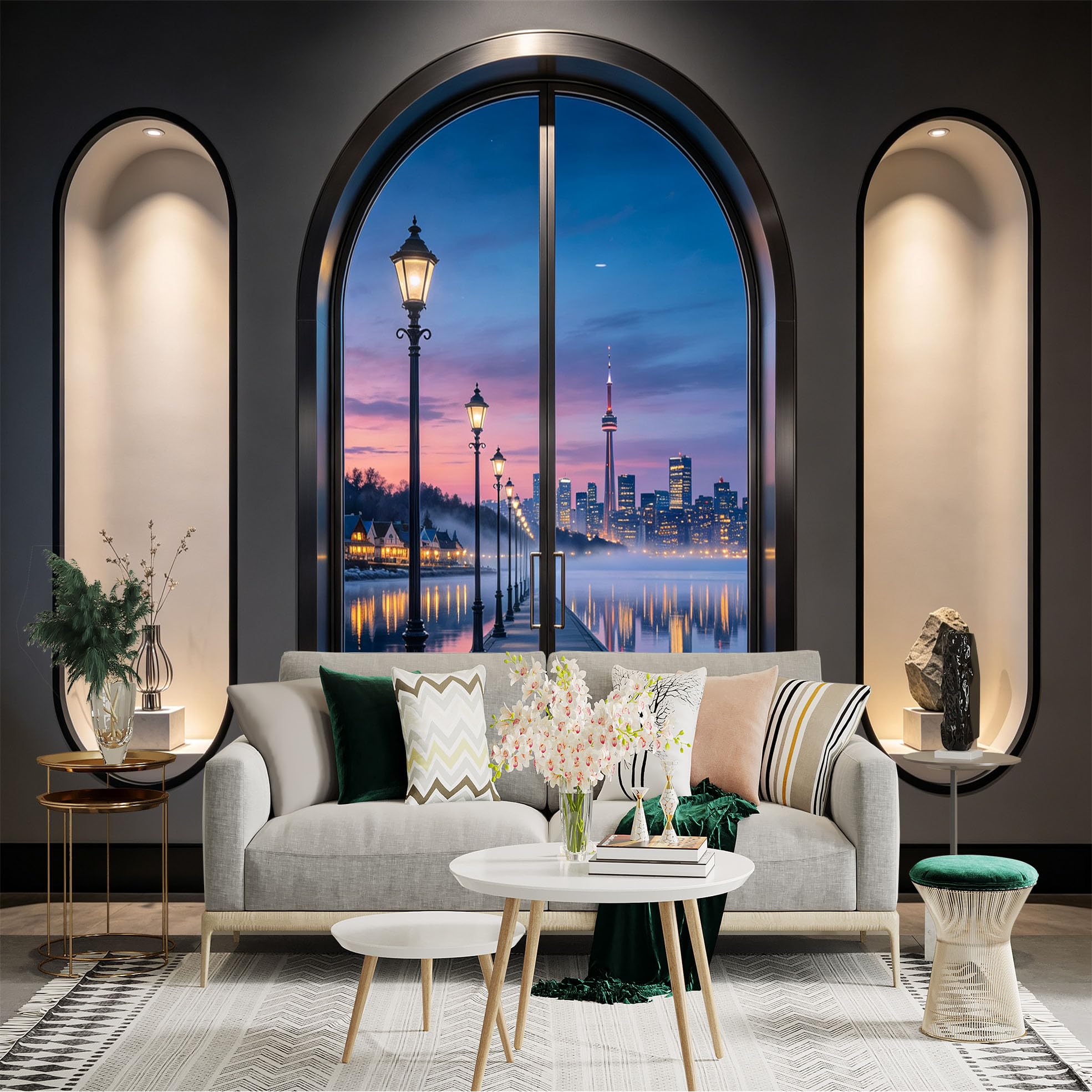 Custom Size Wall Sticker Mural， Lakeside Pier with City Skyline and Sunset Reflection， for wall Decoration， peelandstick wall Decals.