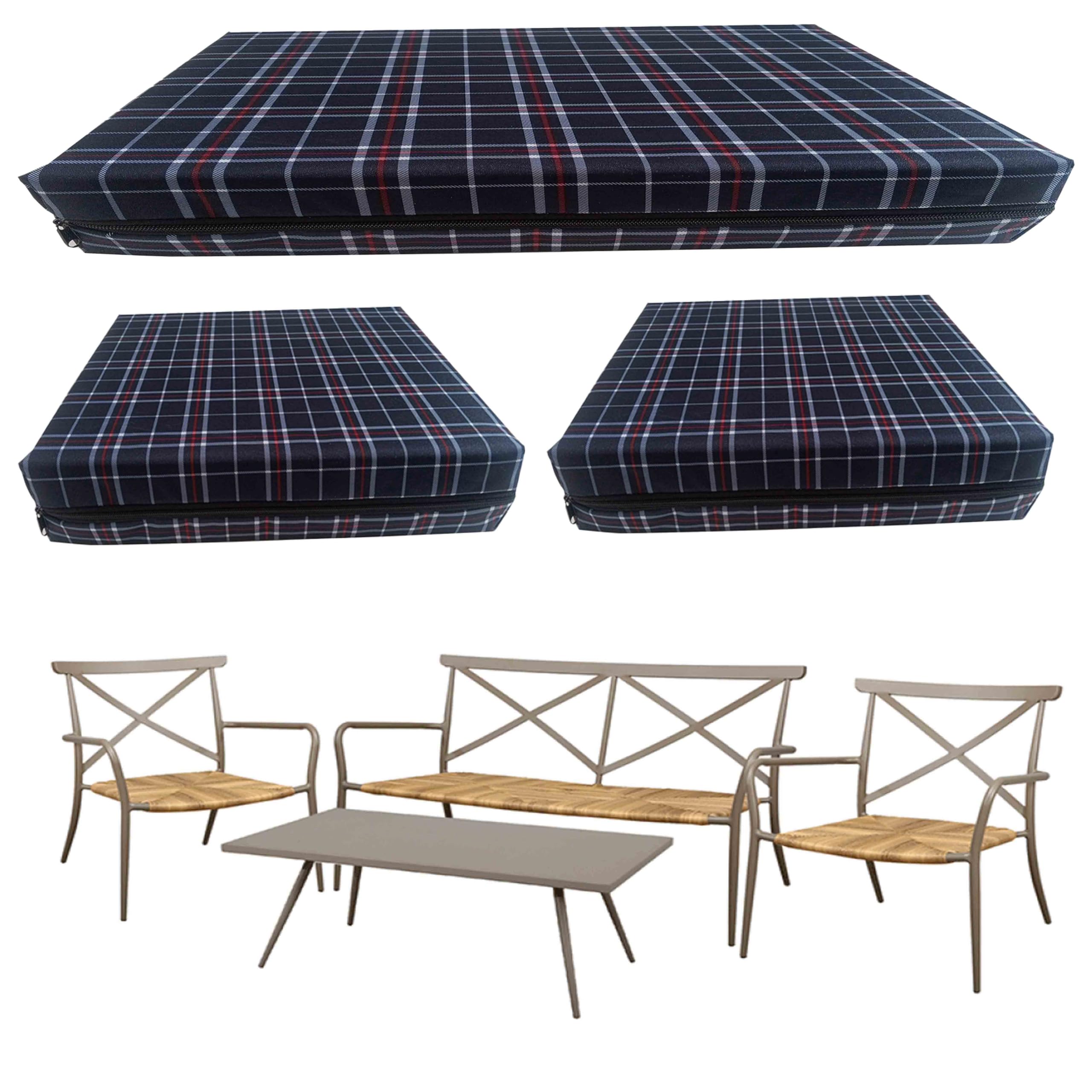 GRIZZLY FOAM Replacement Cushion Set for Rattan Chairs 3pc Garden Outdoor Furniture Removeable Zipped Cover Ask Any Customize Size (Navy Chek, 18x37x2inch 17x17x2inch)