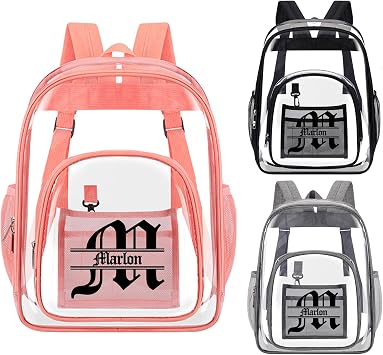 Clear Backpack Custom Name, Personalized Heavy Duty Clear Bookbag Transparent See Through Bag for College Workplace Security