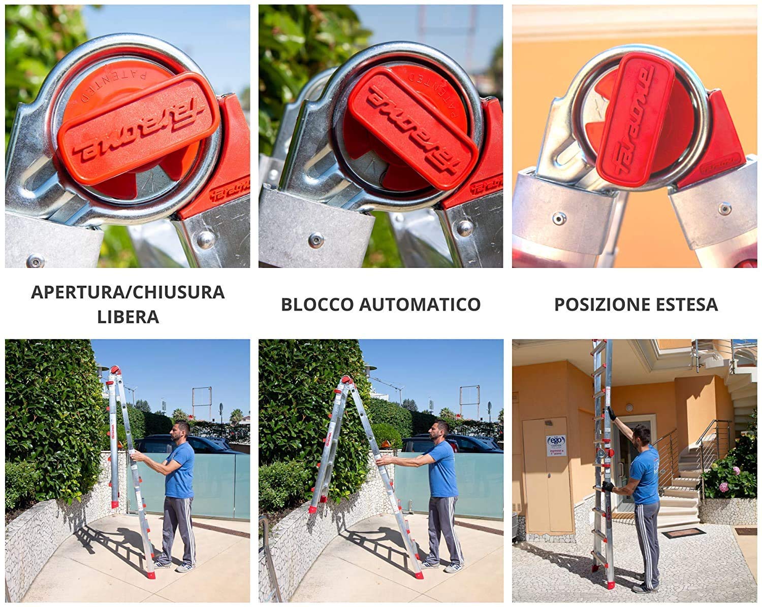 Faraone TELES T4A VERSIONE 2025 - Scala telescopica multiuso 4+4 GRADINI con allargatori, gancio portascala, protezione saldatura rossa e kit di tappi di ricambio