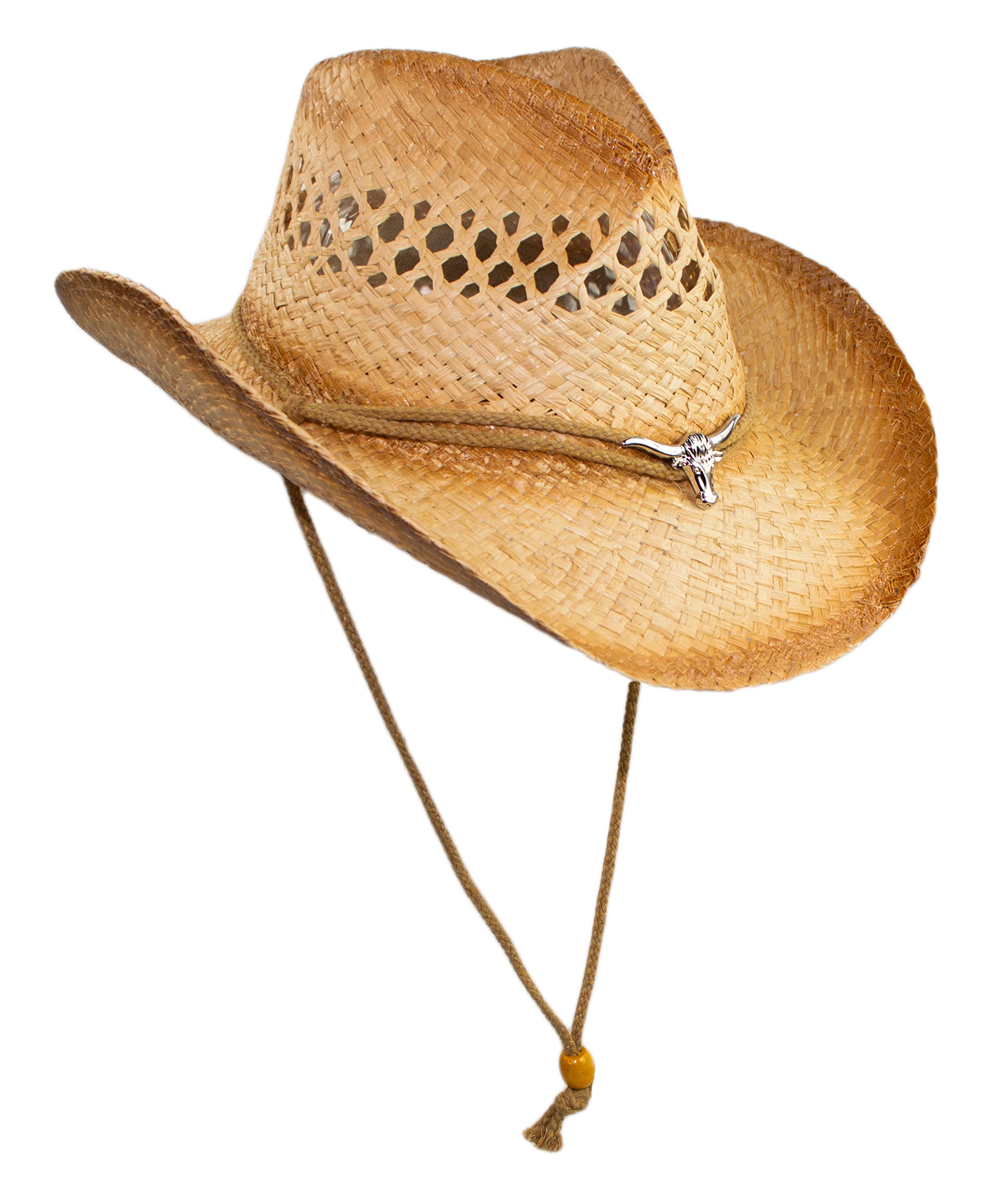 Classic Raffia Straw Cowboy Hat for Men or Women, Faux Leather or Rope Hatband with Longhorn, Shapeable Brim