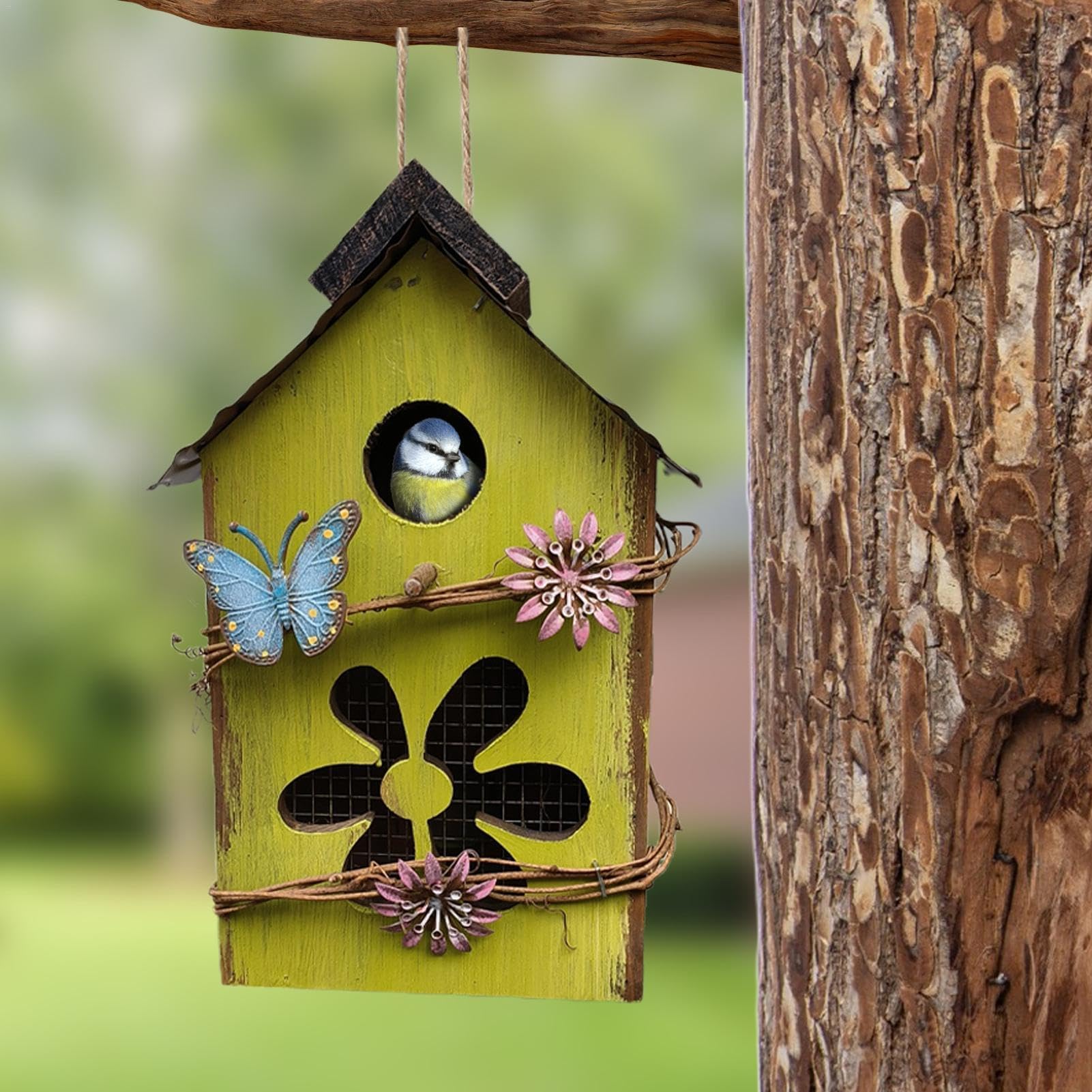 Niedliches aus Holz – dekoratives hängendes Vogelhaus den Außenbereich für Garten, Terrasse und Park (grün)