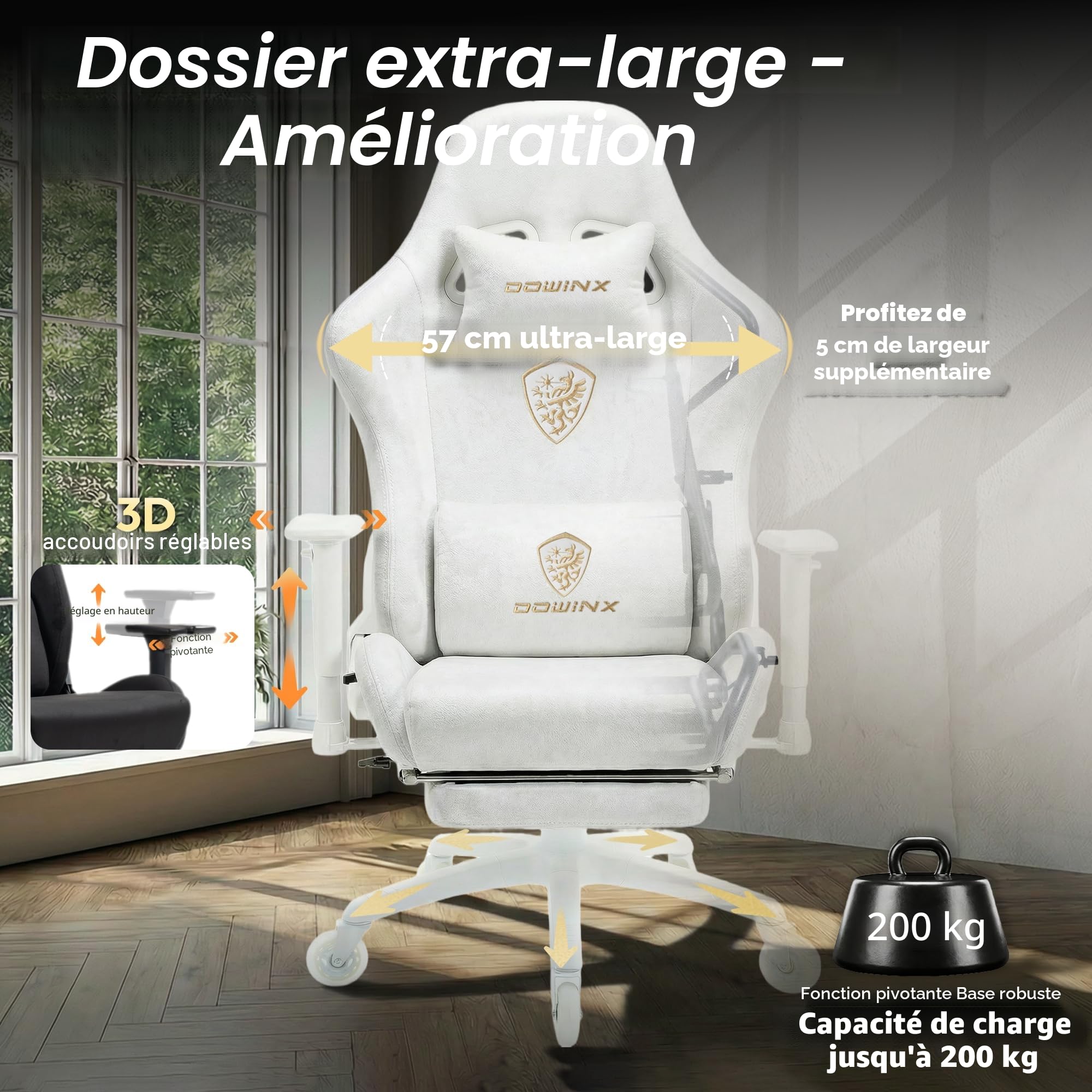 Dowinx Chaise Gaming,Ergonomique Dureau,Simili Daim Chaise,Blanc