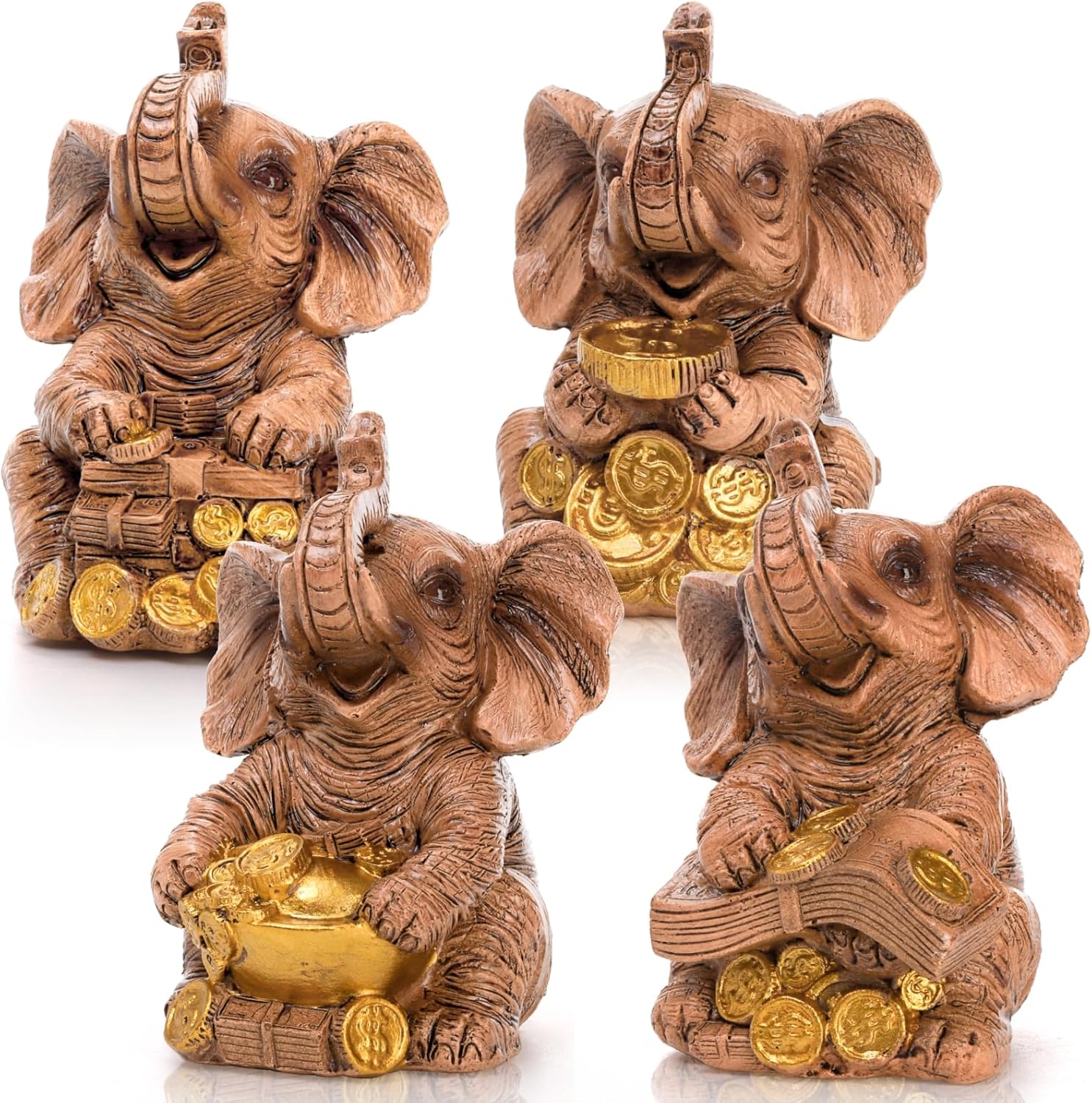 4 Pack Lucky Elephant Statues, Trunk Up Elephants Figurines, Wealth Resin Sculpture Decor, Elephant Ornament for Home Office Garden, Unique Gift for Housewarming Birthday