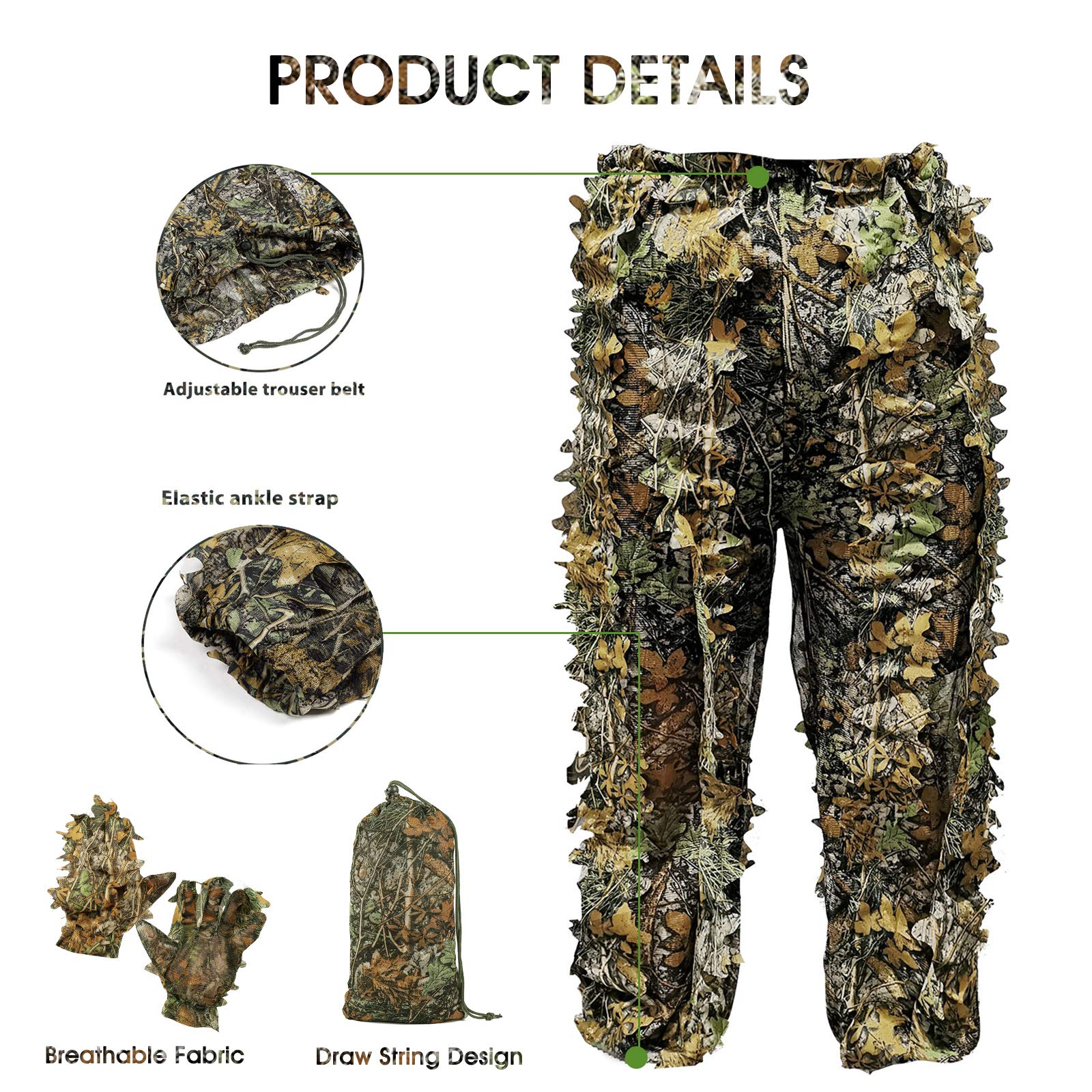 ANYDKE Ghillie Suit Camouflage Hunting Suits Outdoor 3D Leaf Lifelike Camo Clothing Lightweight Breathable Hooded Apparel Suit for Jungle Shooting Airsoft Woodland Photography or Halloween