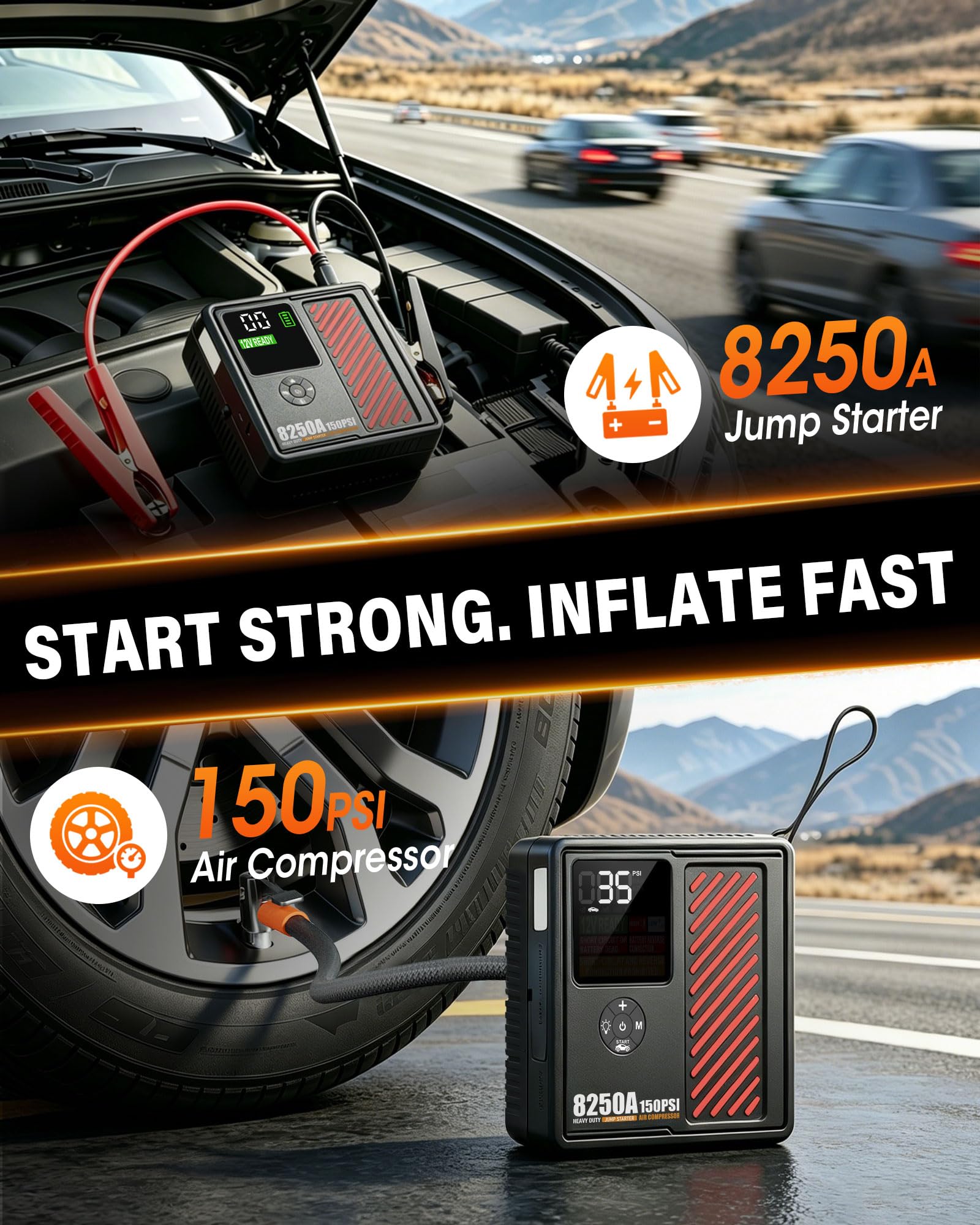 Arrancador portátil de coche de 8250 amperios con compresor de aire, inflador de neumáticos seguro de 150 PSI, inflado rápido de 40 l/min con apagado automático de 12 V, 760 CCA, arrancador de batería