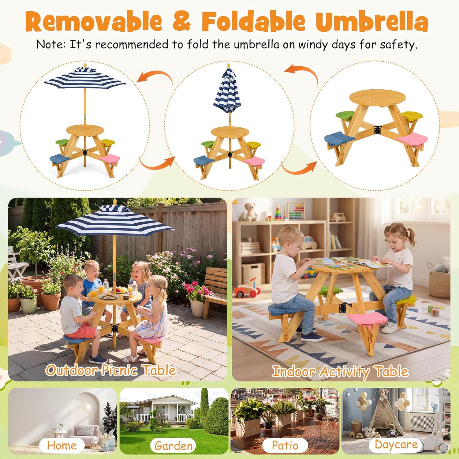 Costzon Kids Picnic Table, 4-Person Wooden Toddler Outdoor Table & Stool Set with Adjustable Umbrella, Wooden Kids Outdoor Furniture for Patio Backyard Lawn Garden