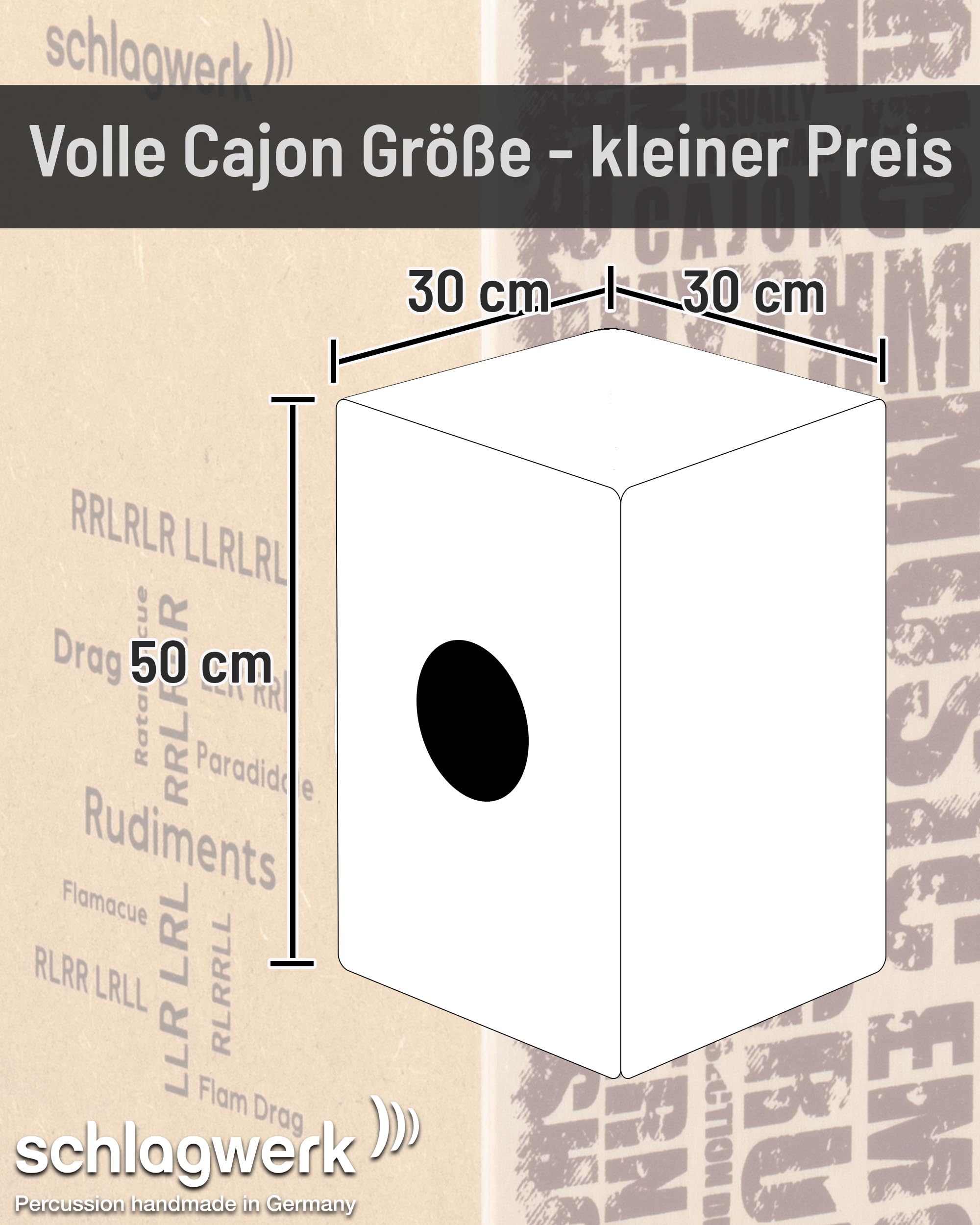 Schlagwerk CP86 Cajon Rudiments Styles Medium - Cajon Instrument mit zwei Snare Teppichen 45 x 30 x 30 cm - Naturholz Birke mit stylischem Designaufdruck auf der Front - Made in Germany