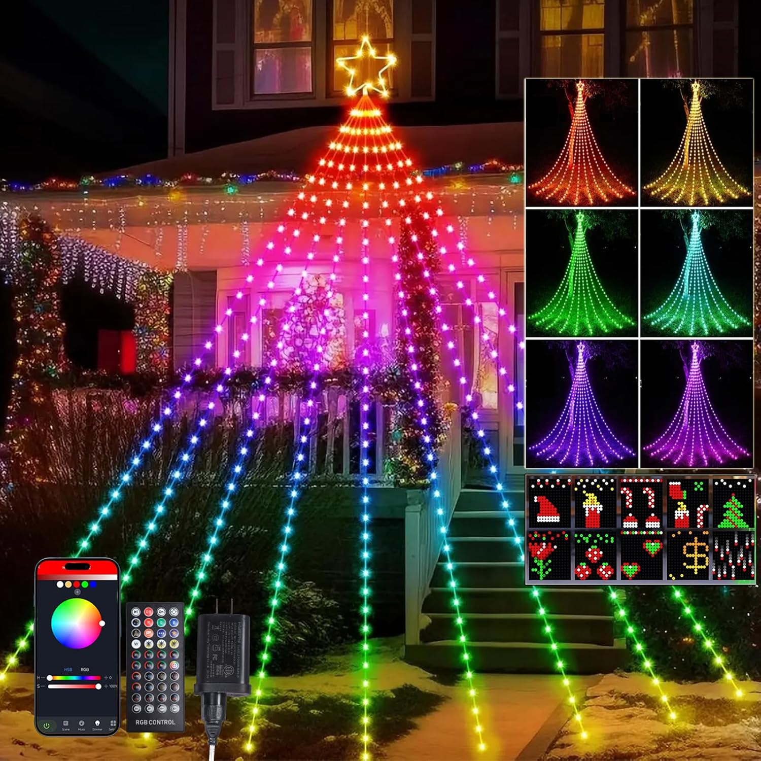 Vigdur 16.4FT Christmas Tree Decoration - 315 LEDs Customizable Star Waterfall Tree Lights with Remote, Timer, App Control Christmas Tree Lights with Music Sync for Xmas Yard Garden Party