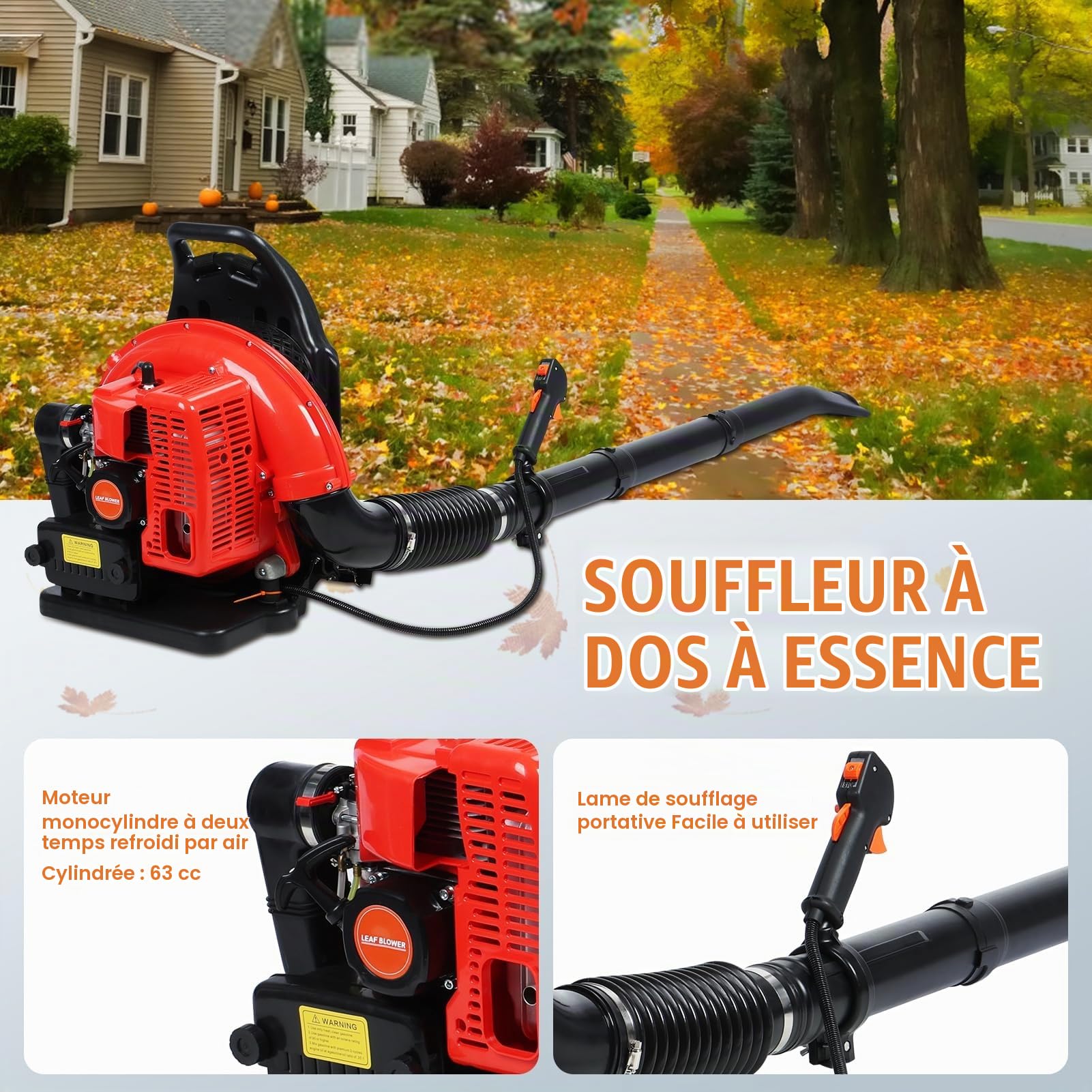 Souffleur à Dos Thermique, Souffleur/aspirateur, souffleur sans-Fil, de Feuilles Dos Essence 63 CC, Vitesse Rotation Variable,-avec Harnais pour Le Dos, Feuilles sans Rouge