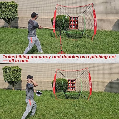 Miniatura 8 de Red de práctica de béisbol y softbol de 7 x 7 pies con zona de golpe numerada y camiseta de bateo, red de entrenamiento de lanzamiento portátil