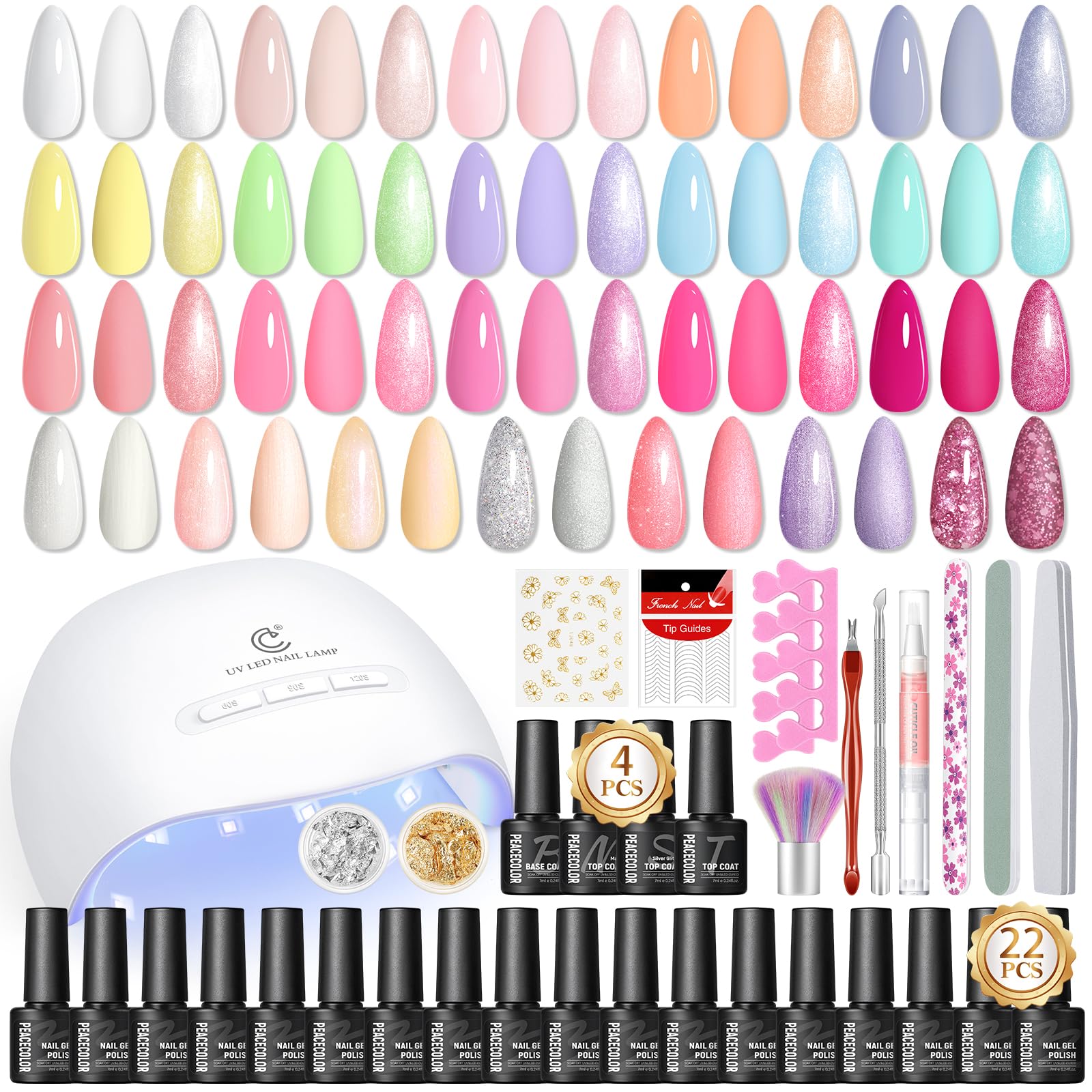 PEACECOLOR 39Pcs Gel Nail Polish Kit with U V Light, 22 Colors Gel