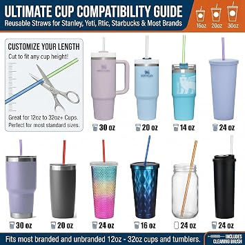 ALINK 24 Pcs Reusable Straws, 10.5 Inch Long Tritan Hard Plastic Straws with 4 Brushes, 12 Colors Clear Repacement Straw for 30oz 20oz 16oz Tumbers, Stanley, Starbucks, YETI, Mason Jars, BPA Free