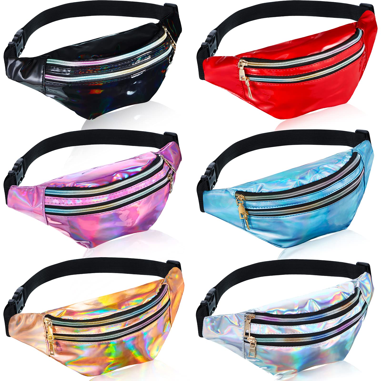 6 Pieces Holographic Fanny Pack Shiny Waist Bag with Pouches and Adjustable Belt Waterproof Neon PU Waist Pack Waist Bag for Traveling Running