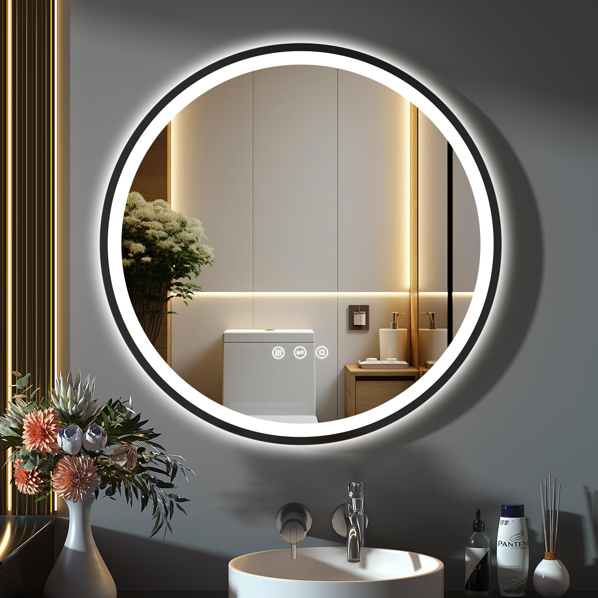GIMBELEN Spiegel rund mit Beleuchtung, 80 cm, Badezimmerspiegel mit Beleuchtung, Touch-Schalter, Antibeschlag, 3 Lichtfarben Einstellbar, 3000 K / 4000 K / 6500 K