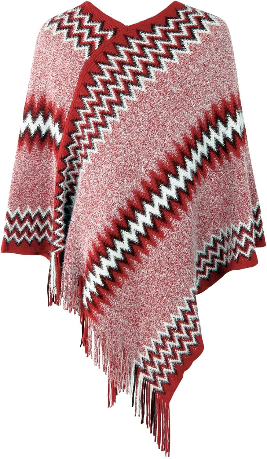 Women's Soft Knitted Zig Zag Patterned Tassel Batwing Poncho Sweater Pullover Wraps Cape - Image 2