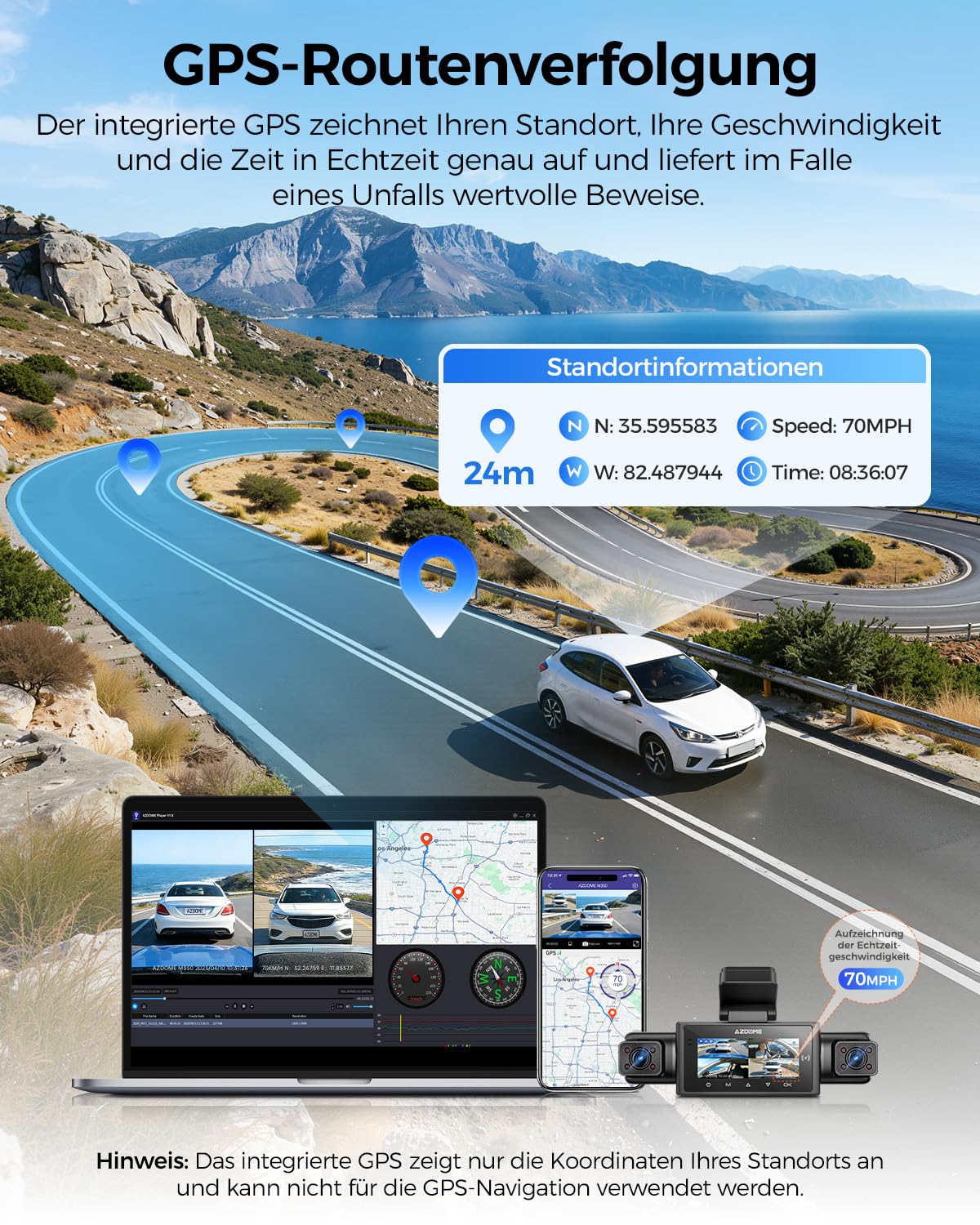 AZDOME Dashcam Auto 4 Kanal 360 Grad Dashcam mit Apple Find My (nur iOS), 5.8GHz WiFi, 64-GB-Karte, 2.5K+3 * 1080P Dashcam, IR Nachtsicht, Parkmodus, Erinnerung bei Müdigkeit am Steuer(M350)