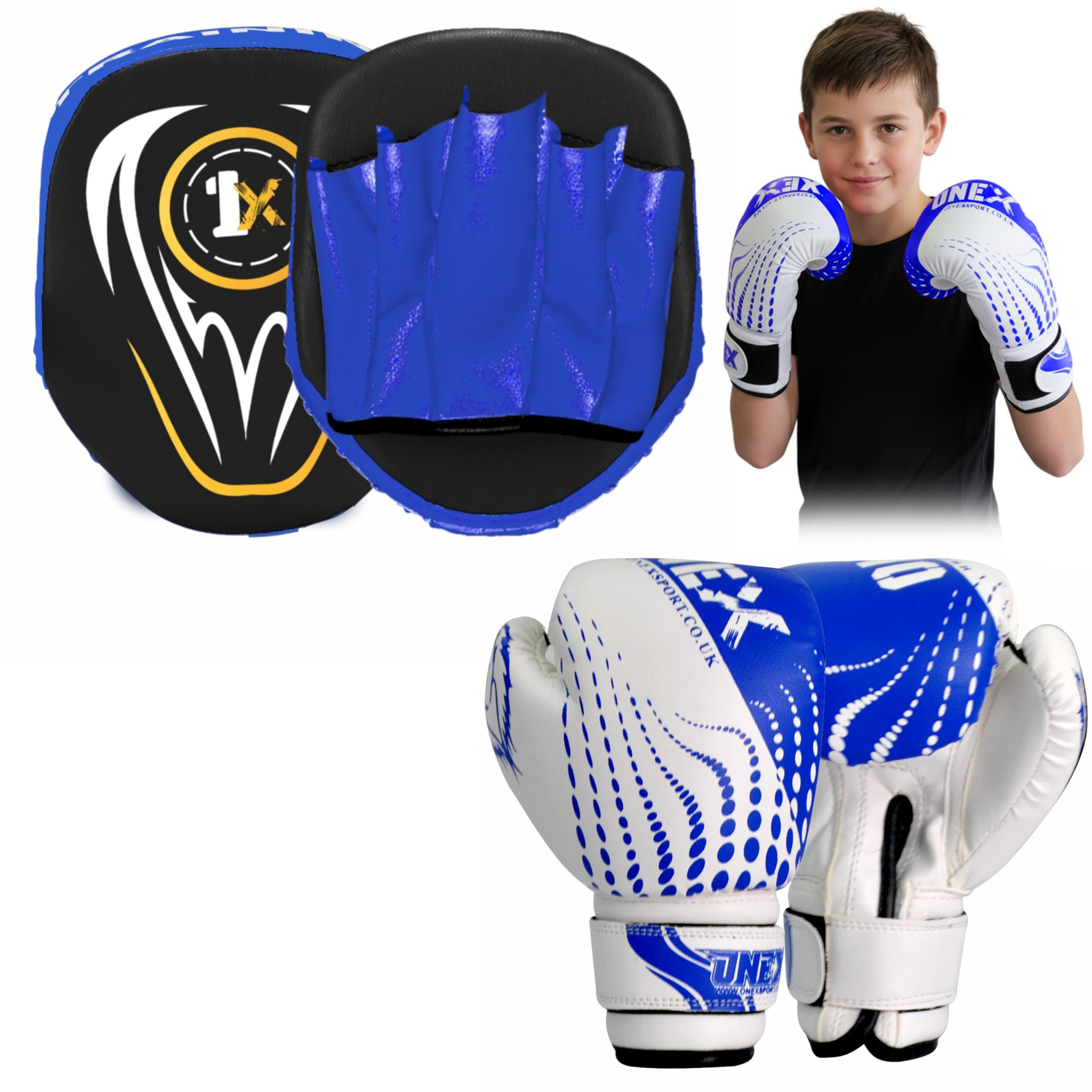 Boxing Gloves & Focus Pads Set – 6oz 4oz 2oz Gloves Hook & Jab Pads for Training, Kickboxing, Muay Thai, Punching, Sparring, MMA, Martial Arts, Taekwondo, Home & Gym Workout (BLUE, 6oz)