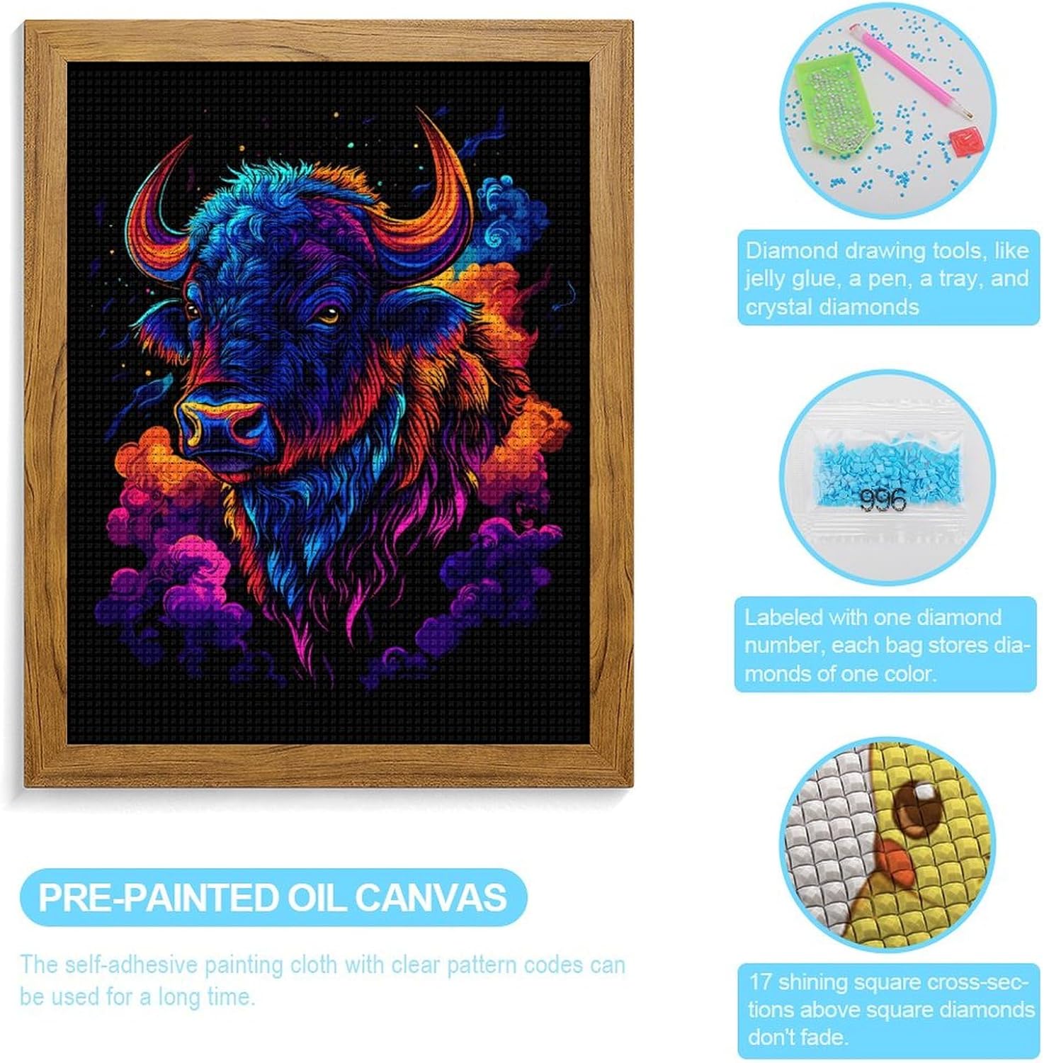 Colorful Buffalo Art Diamond 5D Painting Kits with Frame DIY Full Round Drill Gem Art Crafts for Home Wall Decor 16 X 20in Yellow Wood 40 * 50cm