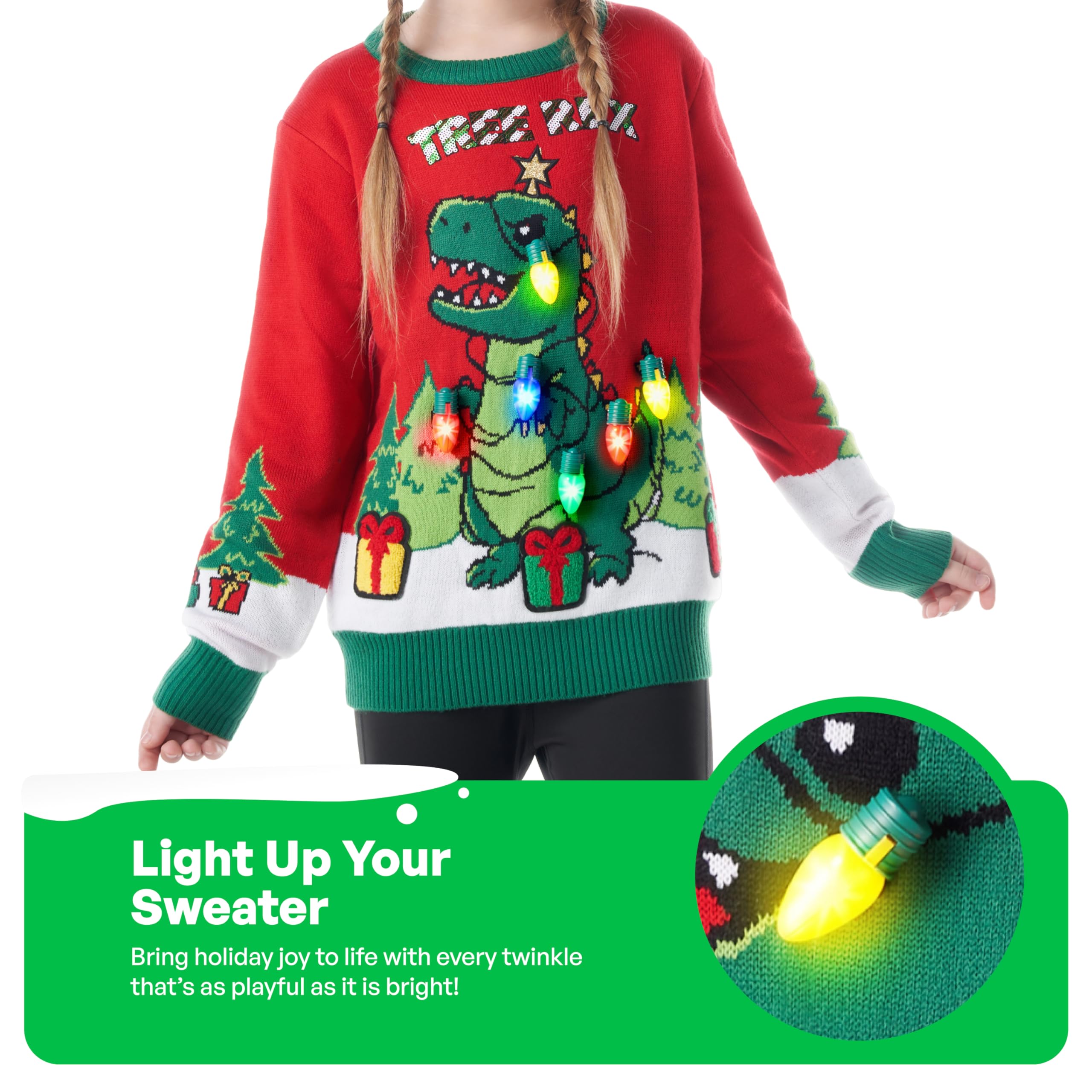 Giggling Getup Suéter feo de Navidad, suéter feo de dinosaurio con luz LED, suéter feo de Navidad