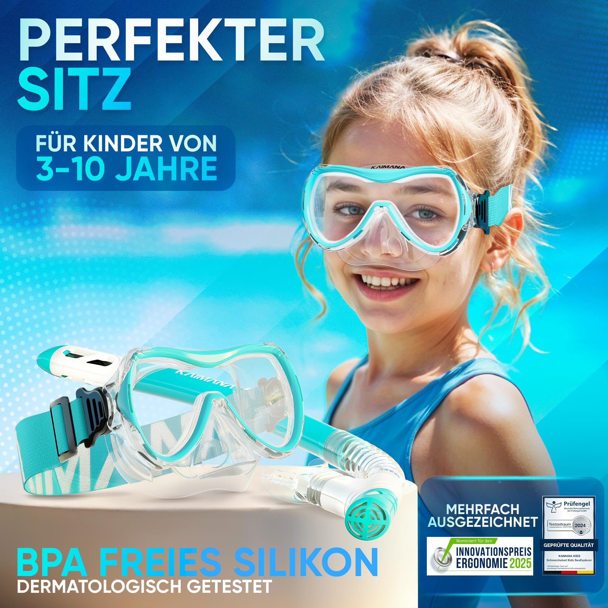 Das Neue KAIMANA® SeaExplorer Schnorchelset Kinder + Tragetasche, Taucherbrille mit Schnorchel, Taucherbrille Kinder, Alternative zur Schnorchelmaske Kinder, Taucherbrille mit Stoffband/Silikonband