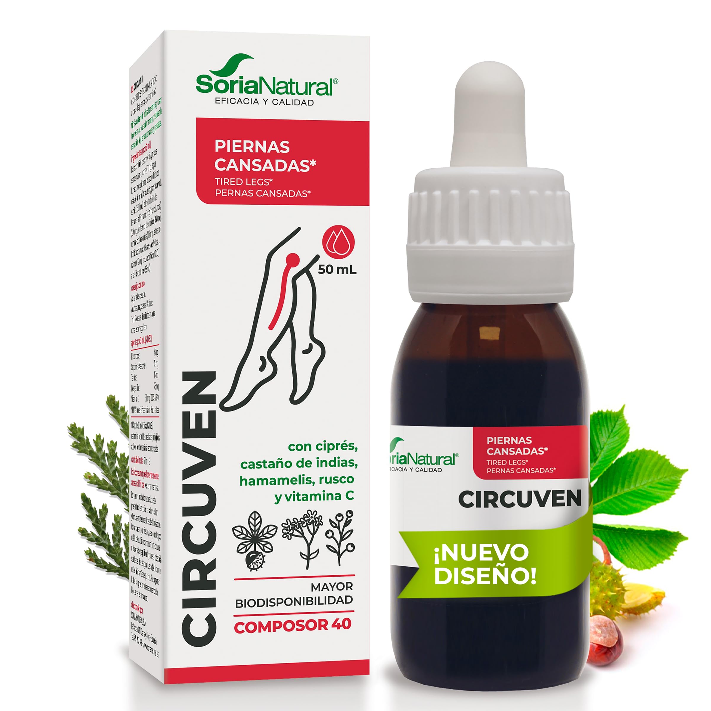 Soria Natural Composor 40 Circuven - Alivio Piernas cansadas, Favorece la Circulación de Retorno - Castaño de Indias, Ciprés, Hamamelis, Rusco, Vitamina C - Bote de 50mL