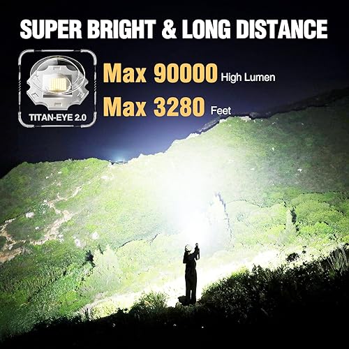 Miniatura 2 de WdtPro Linternas LED recargables de alto lúmenes, linterna recargable súper brillante de 90000LM con pantalla LCD, 5 modos y potente linterna de