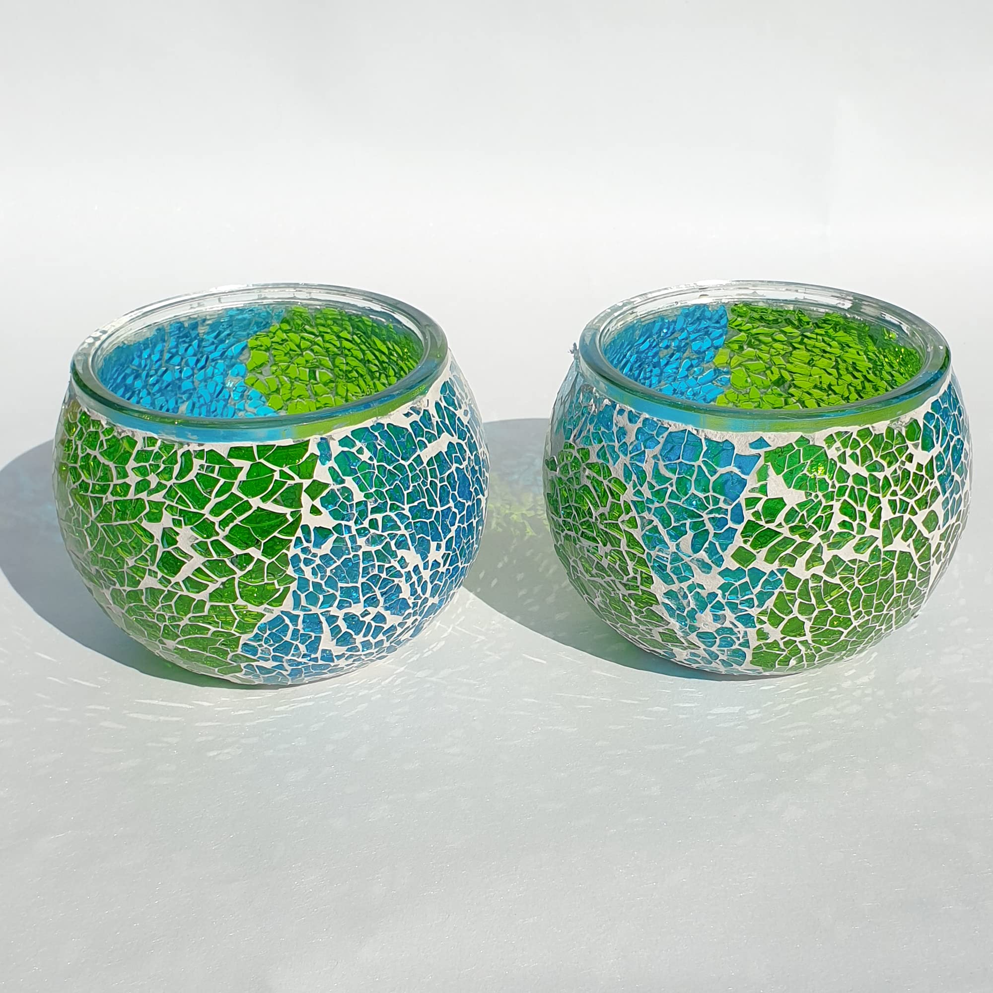 Mosaic Glass Candle Holder Vintage Jar Tealight Holders, Home Decoration with upto 8 Hour Burn Tea Light Candles (Blue & Green Twin Crackle)