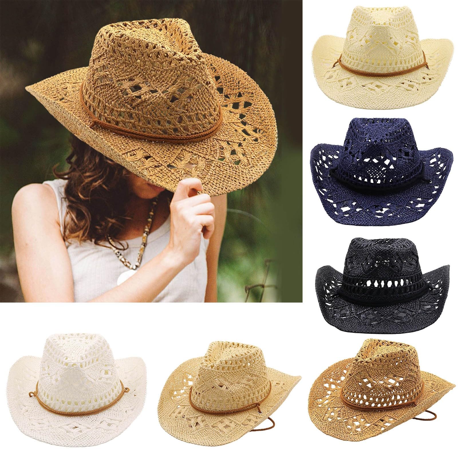 Générique Chapeau Cowboy Western Femme Chapeau de Paille Adulte Unisexe Chapeau de Soleil Homme Pliable Anti-UV Large Bord