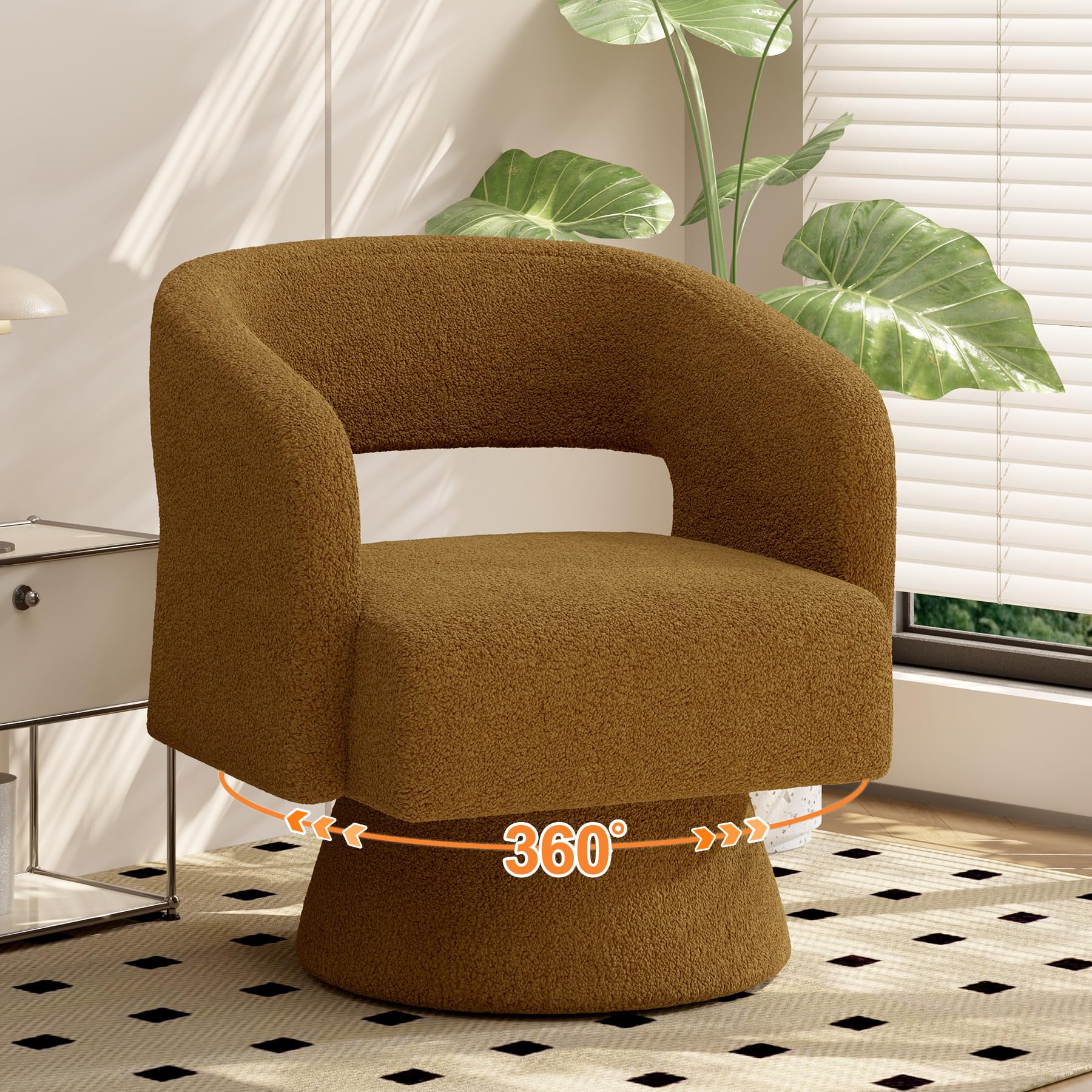 Swivel Barrel Accent Chair,Oversized Teddy Upholstered Round Swivel Chair,Modern Luxury 360 Degree Living Room Vanity Chair for Bedroom Office,Brown,1PCS