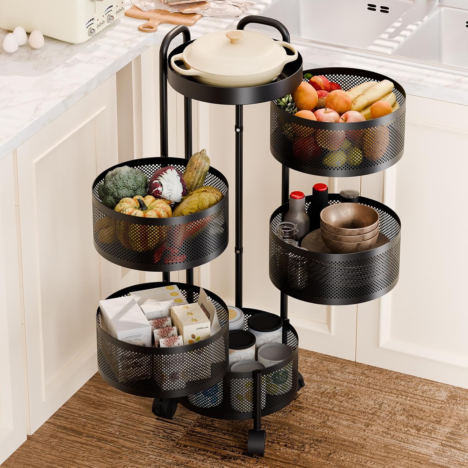 Rotating Storage Rack for Kitchen, Fruit and Vegetable Storage for Kitchen, 5 Tier Kitchen Rotating Storage Rack with Wheels, Kitchen Storage Cart Space Saver Storage Basket (Black), 14091333