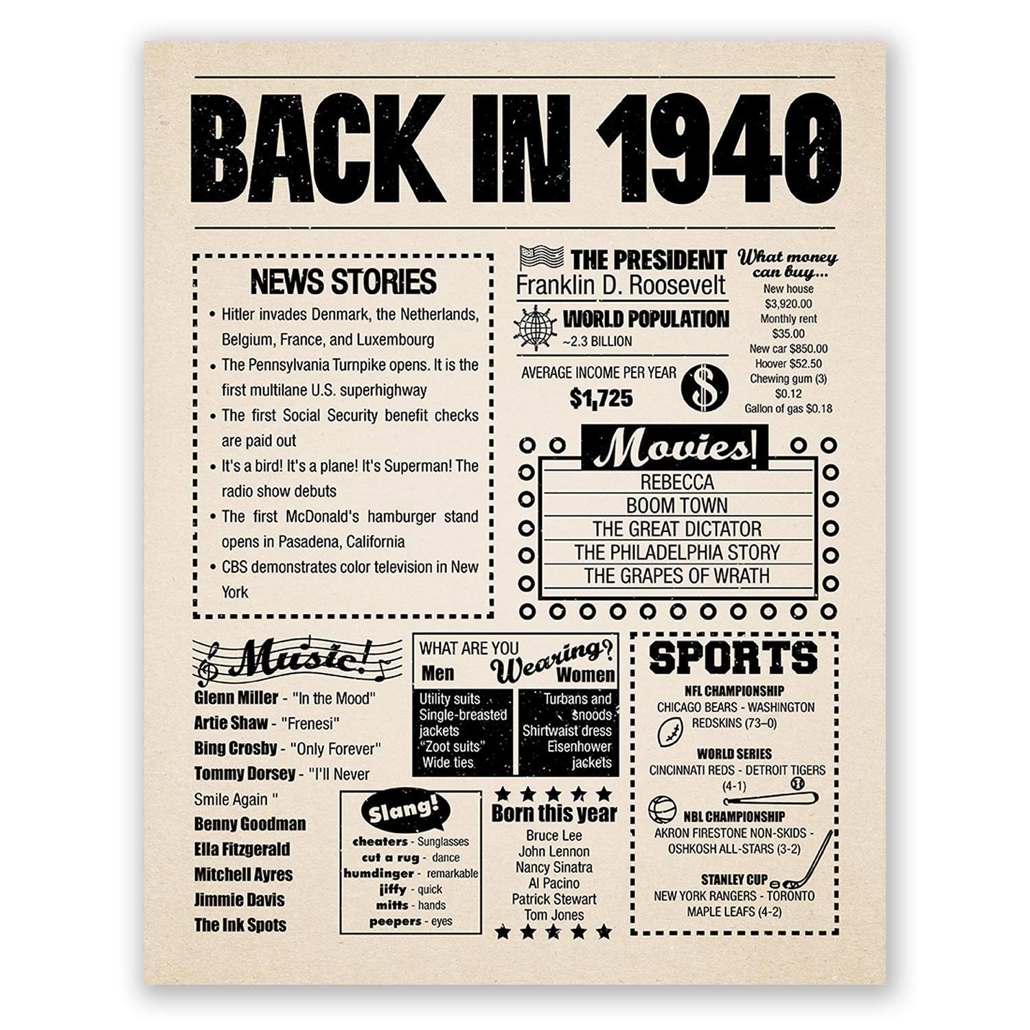 8x10 1940 Birthday Gift // Back in 1940 Newspaper Poster // 84th Birthday Gift // 84th Party Decoration // 84th Birthday Sign // Born in 1940 Print (8x10, Newspaper, 1940)