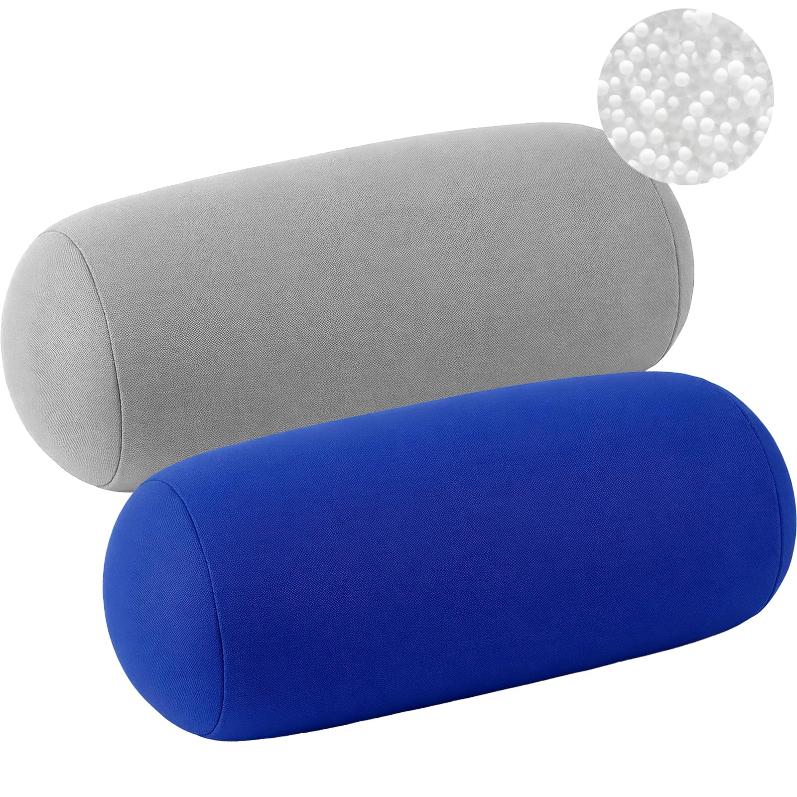 Xaztr 2 Pcs Microbead Roll Pillow, Neck Support Cylindrical Pillow Soft Bolster Micro Bead Pillows for Sleeping Home Travel Neck Head Back Support, 30x16cm (Grey, Blue)
