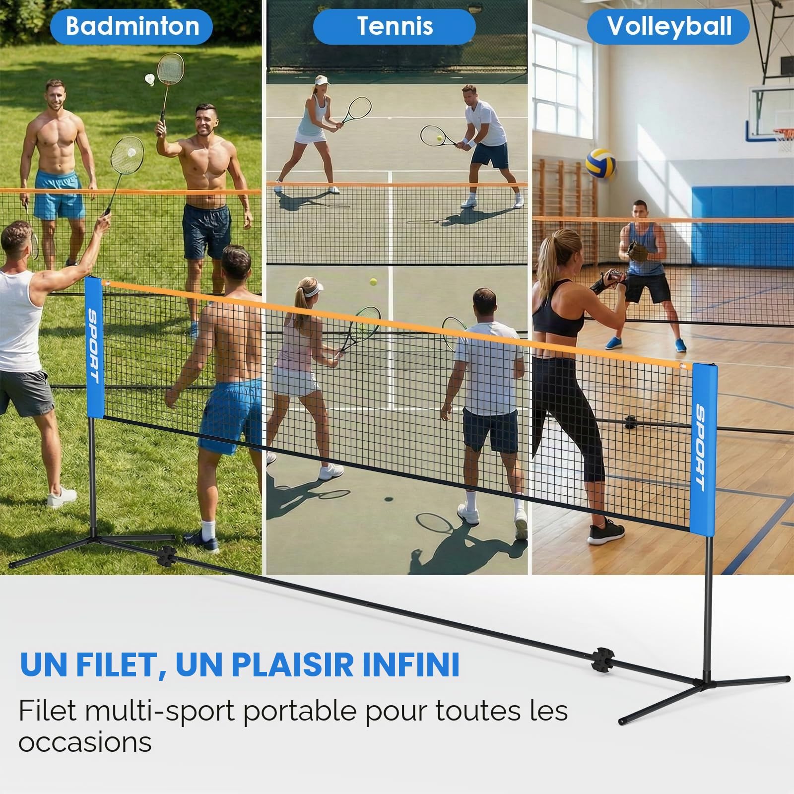 Filet de Badminton, 4m/5m Filet Portable pour Volley-Ball, Pickleball, Tennis, Football, Hauteur Réglable, Filet en Nylon Pliable, avec Sac de Transport, Cadre métallique