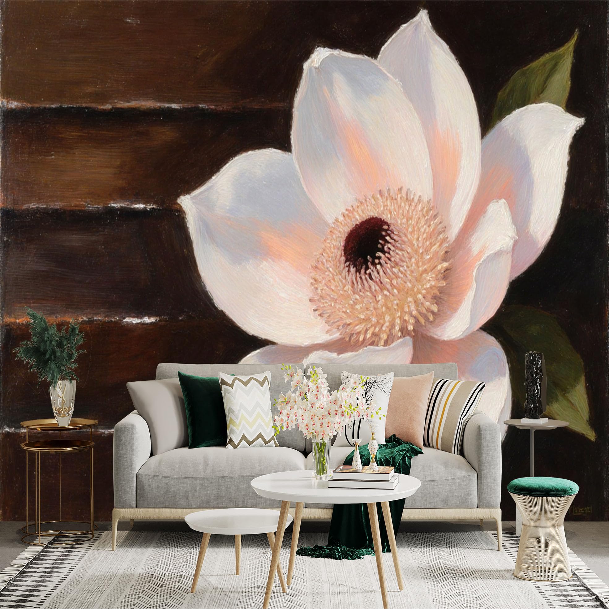 Custom Size Wall Sticker Mural， Elegant White Magnolia Bloom， Oil Painting Style Floral Art， Dark Textured Background， for wall Decoration， peelandstick wall Decals.