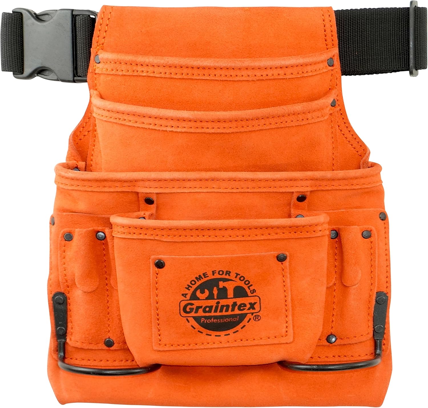 Graintex SS2523 :: 10 Pocket Nail & Tool Pouch Orange Color Suede Leather with 2” Webbing Belt for Constructors, Electricians, Plumbers, Handymen