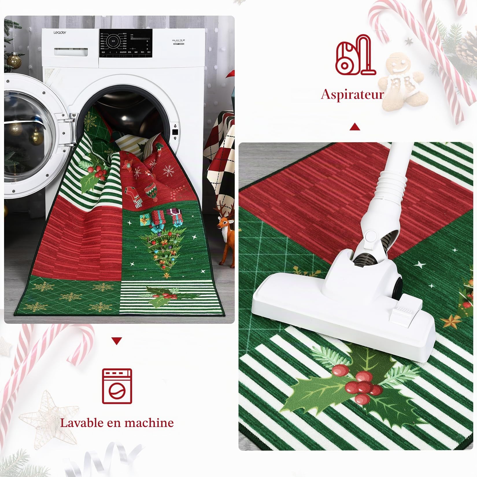 CAROMIO Tapis de Noël Rouge/Vert Tapis de Zone de Noël Cloche Flocon de Neige Ornement de Renne Tapis Grand Tapis de Salon Moquette Lavable Moquette de Sol à Faible Hauteur pour Intérieur, Rouge 140 x