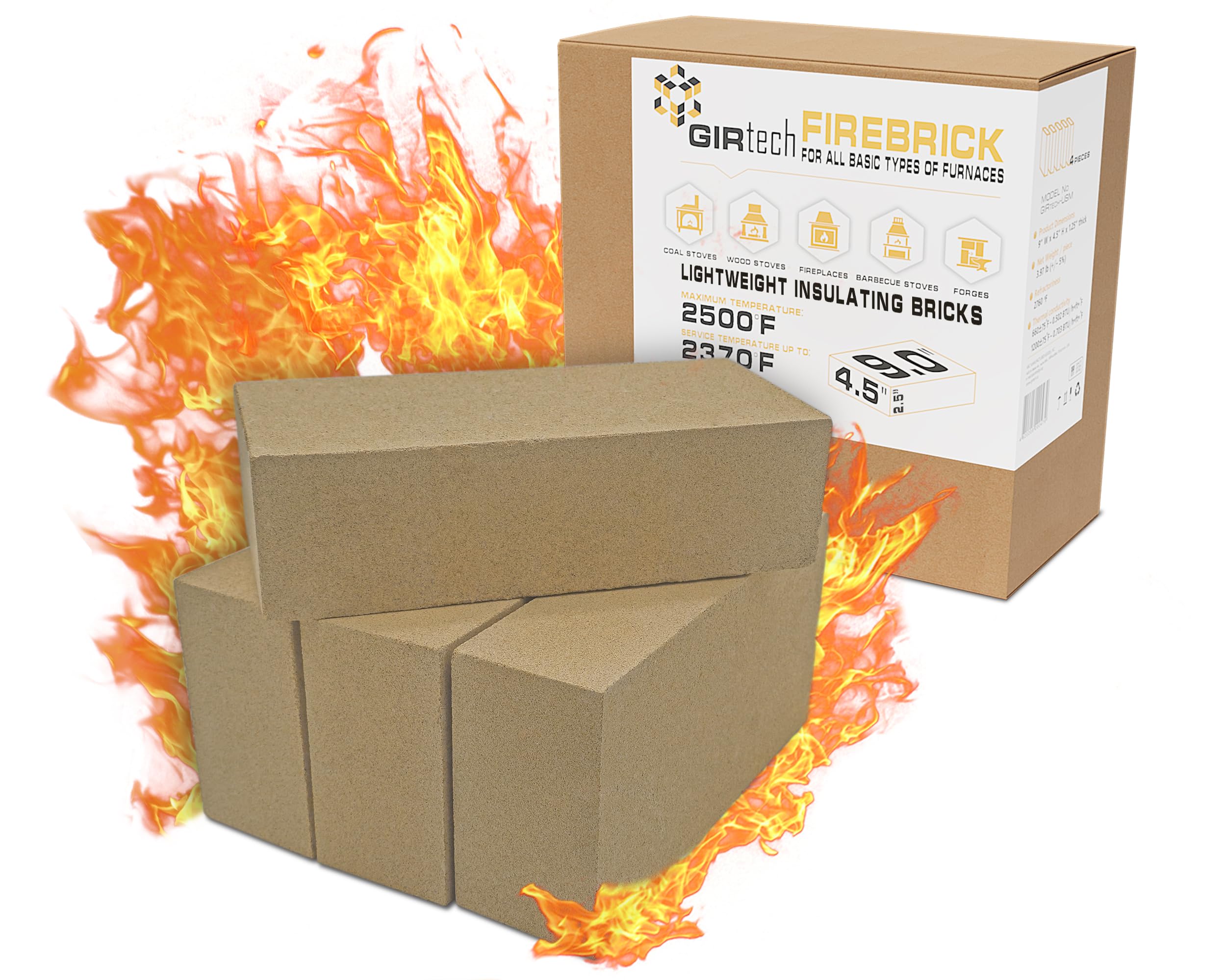 GIRtech Insa-4 Universal Insulating Fire Bricks - 2370F Pack of 4 - for Ovens, Forge, Kiln, Fireplace, Wood Stove - High Insulation Extra Low Thermal Conductivity Durable & Lightweight