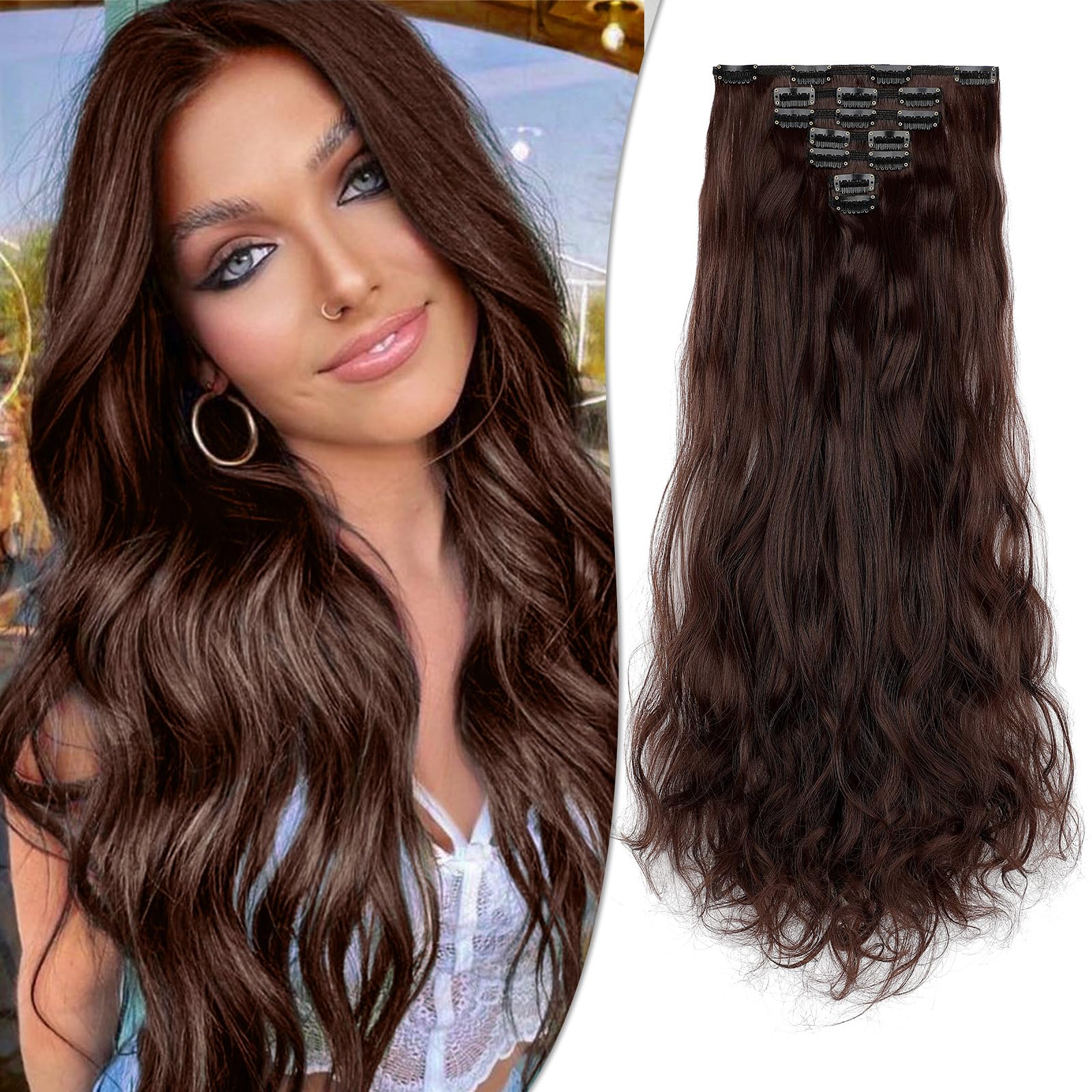 Wodelanle Clip in Hair Extensions for Women 7pcs Medium Brown Hair Extensions 24 Inch Long Wavy Curly Hair Clip on Extensions Synthetic Thick