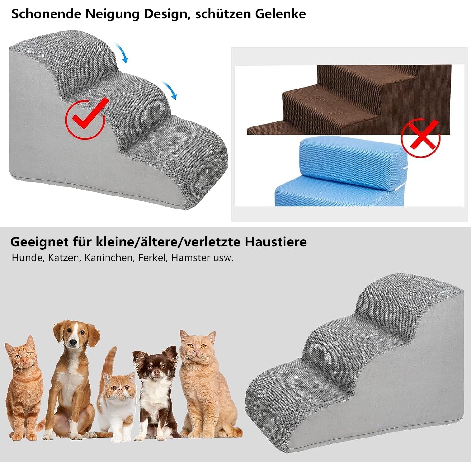 Hundetreppe für Kleine Hunde, 3 Stufen Haustiertreppe 40 cm Hoch, Grau