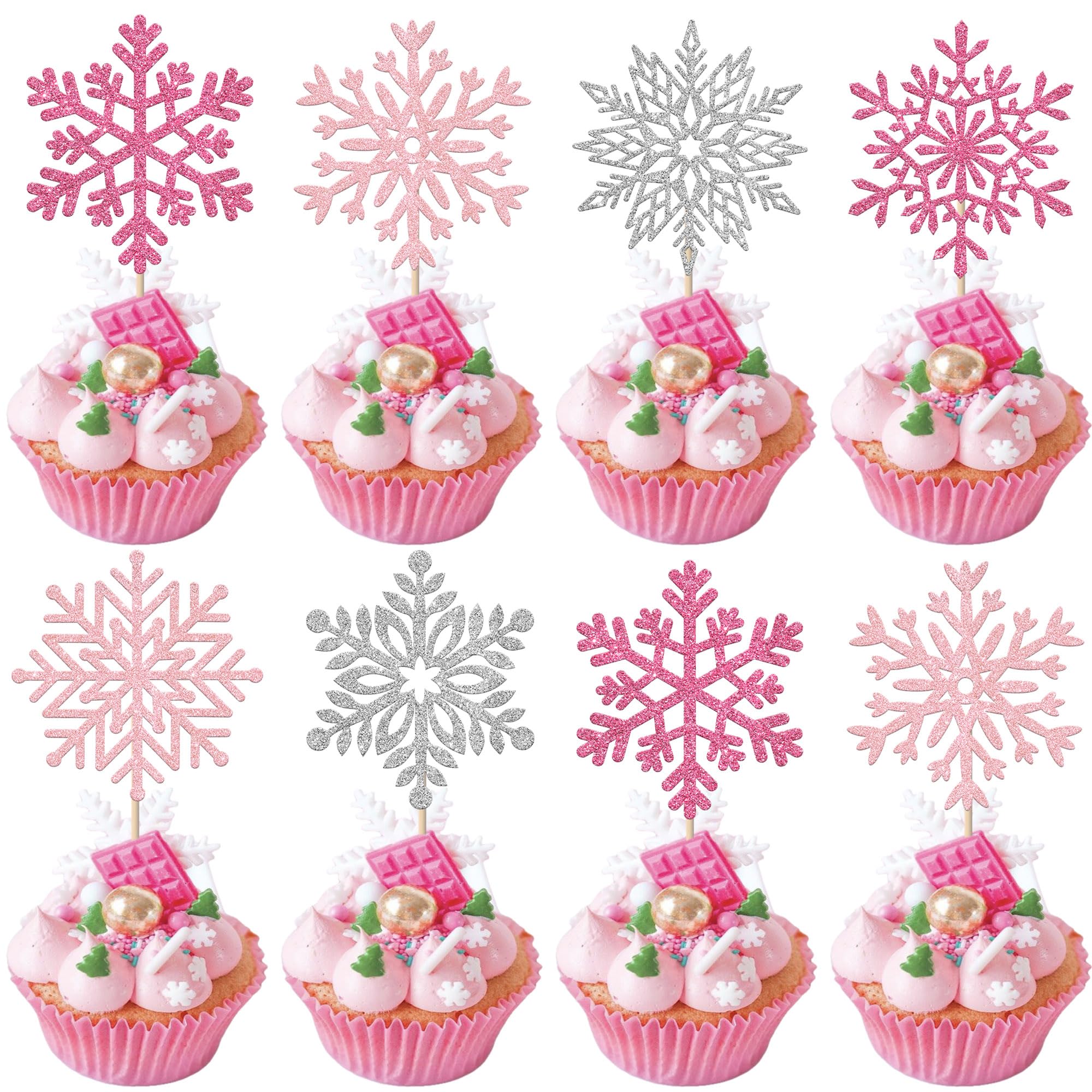 SYKYCTCY 36 Pack Snowflake Cupcake Toppers Wafer Paper Frozen Cupcake Picks Edible Snowflake Party Cake Decorations for Christmas Winter Frozen Theme Baby Shower Birthday Party Supplies Silver Pink