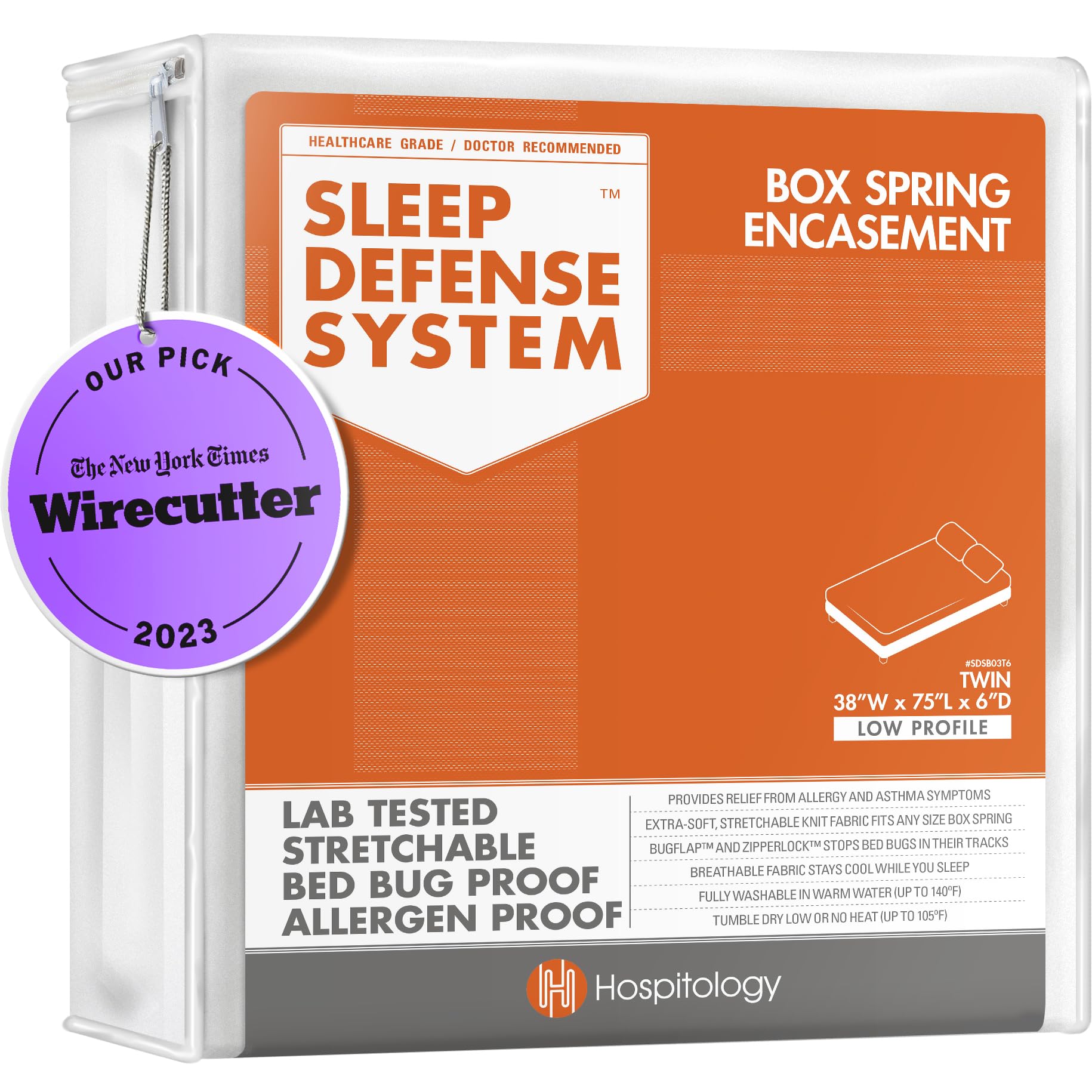 HOSPITOLOGY PRODUCTS Box Spring Encasement - Zippered Bed Bug Dust Mite Proof Hypoallergenic - Sleep Defense System - Twin –38" W x 75" L - Low Profile 6"