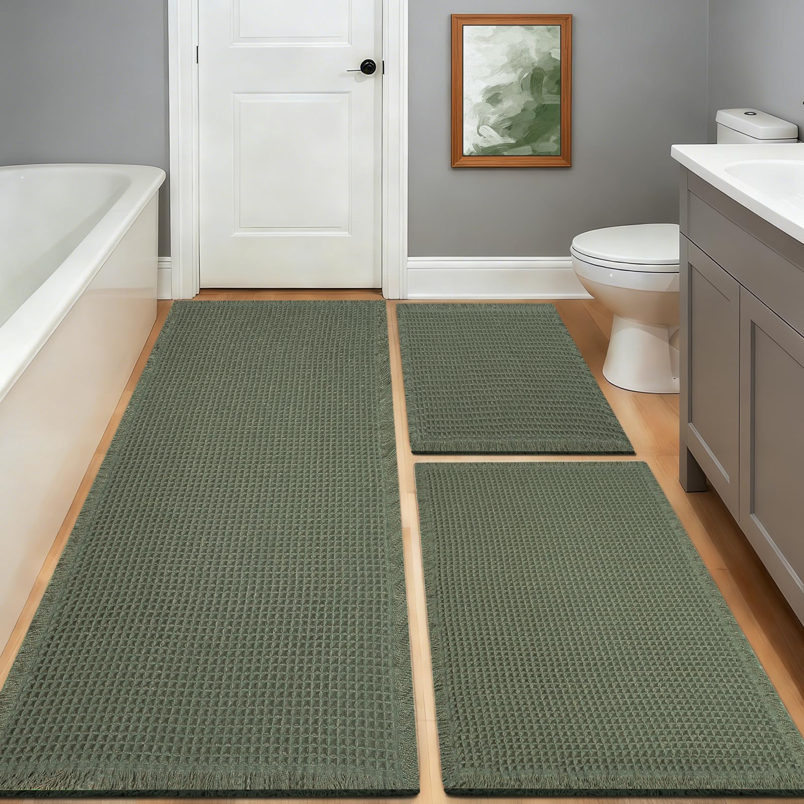 Photo 1 of ***MISSING PARTS***
Waffle Bath Mat, Modern Woven Absorbent Non Slip Bathroom Rugs, Machine Washable Bath Rugs, Quick-Drying Bathroom Mats, Boho Tassel Style Suitable For Bathroom Floor, Green, 24"X17"+36"X24"+48"X24"